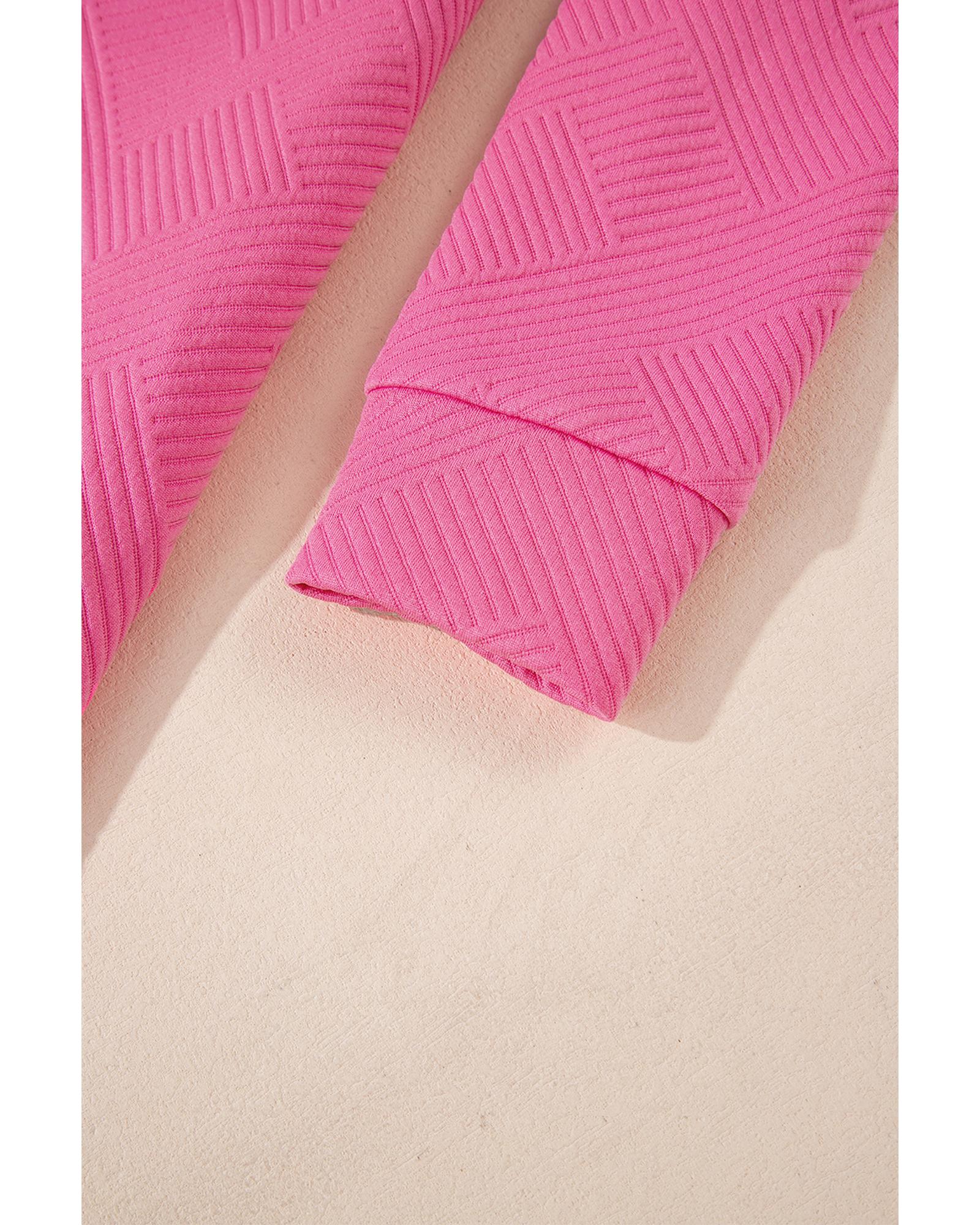 Rose Red Solid Color Textured Long Sleeve Shift Dress - L 5