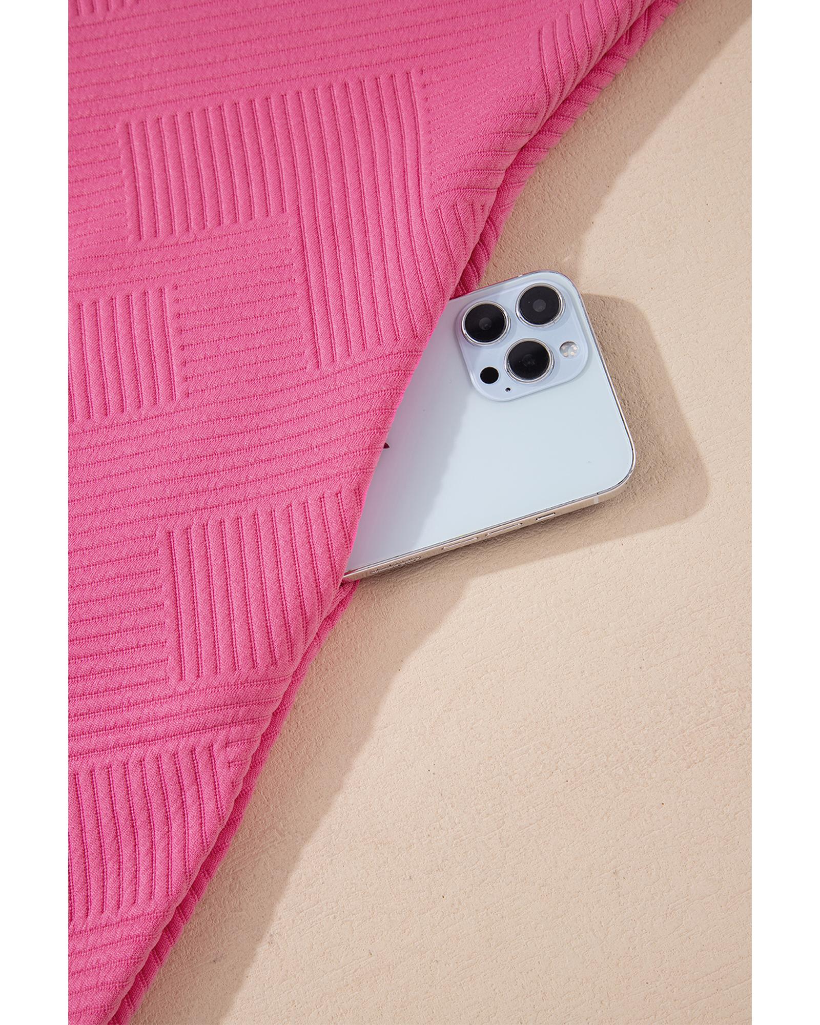 Rose Red Solid Color Textured Long Sleeve Shift Dress - L 6