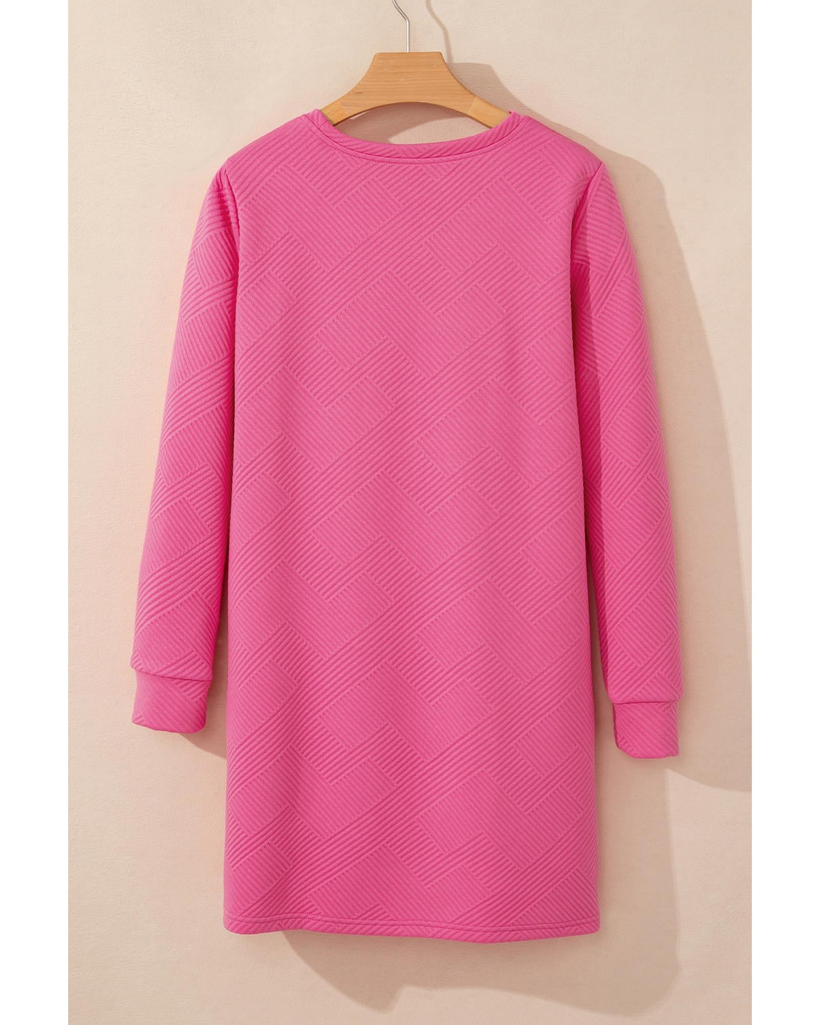 Rose Red Solid Color Textured Long Sleeve Shift Dress - XL