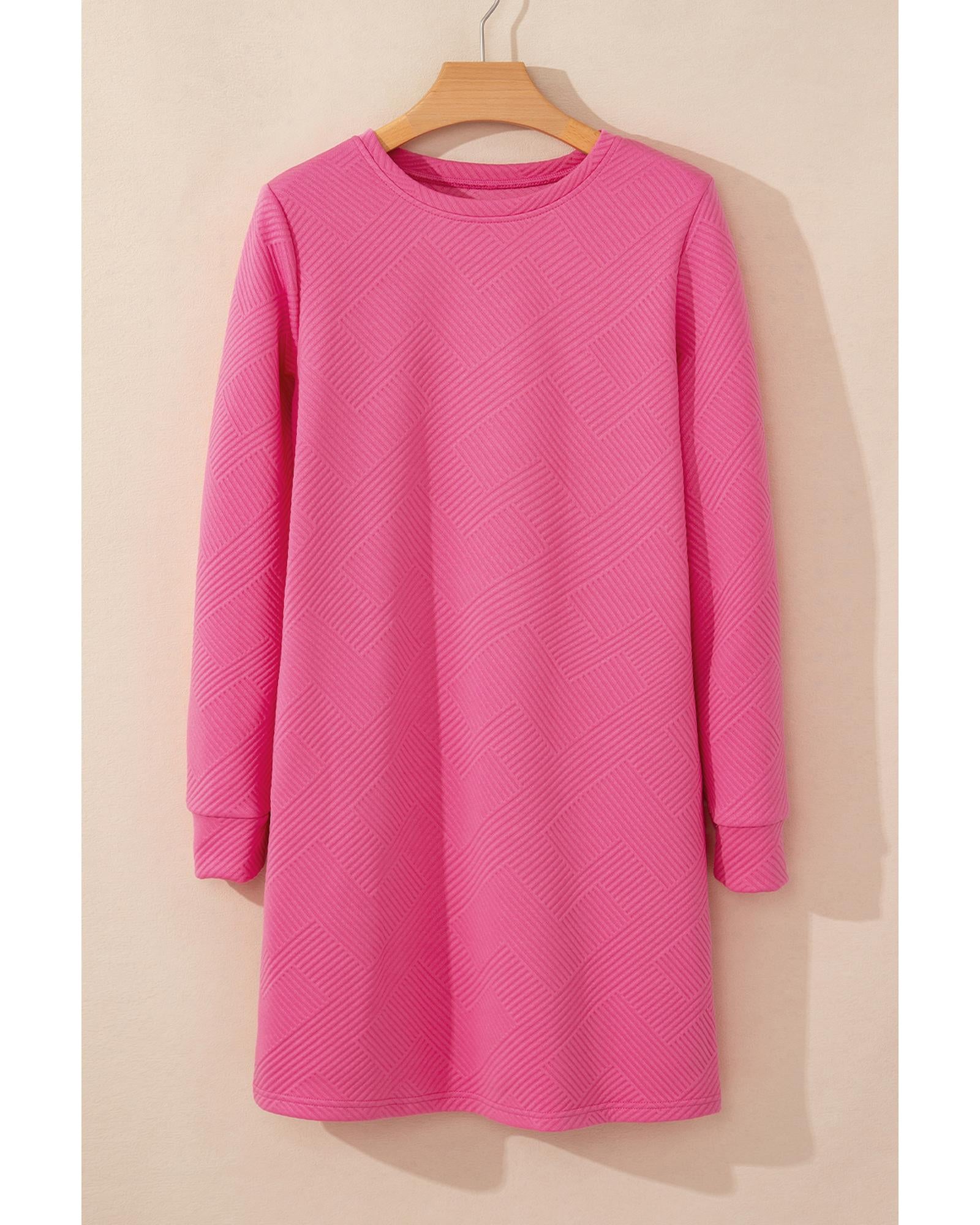 Rose Red Solid Color Textured Long Sleeve Shift Dress - XL 4