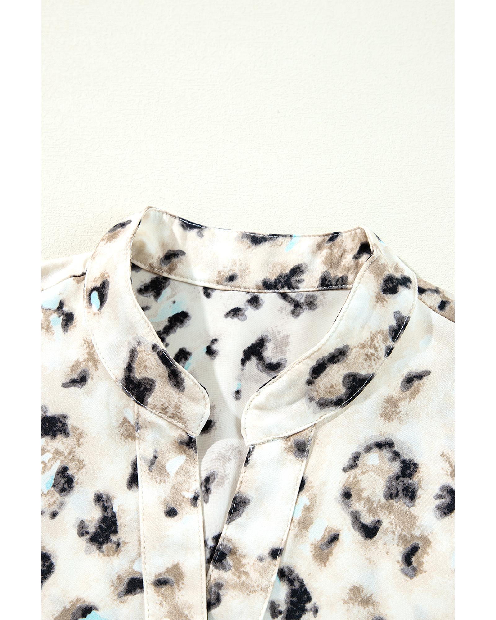Khaki Leopard Print Buttoned Front 3/4 Sleeve Tiered Ruffled Hem Dress - L