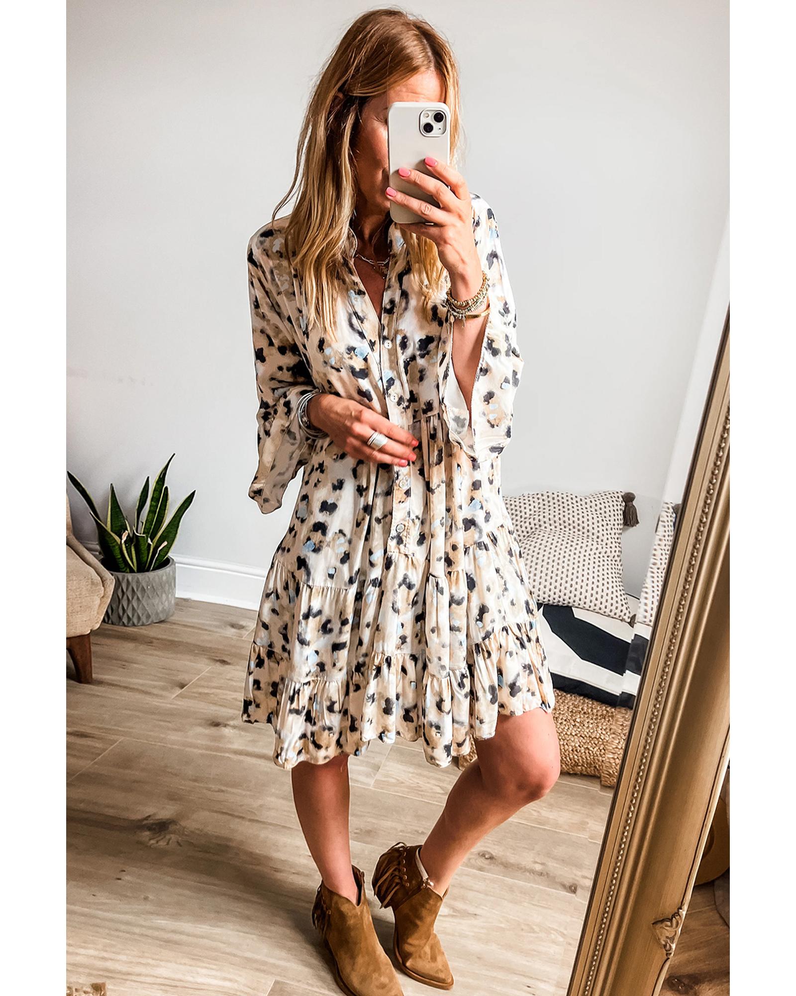 Khaki Leopard Print Buttoned Front 3/4 Sleeve Tiered Ruffled Hem Dress - L 5