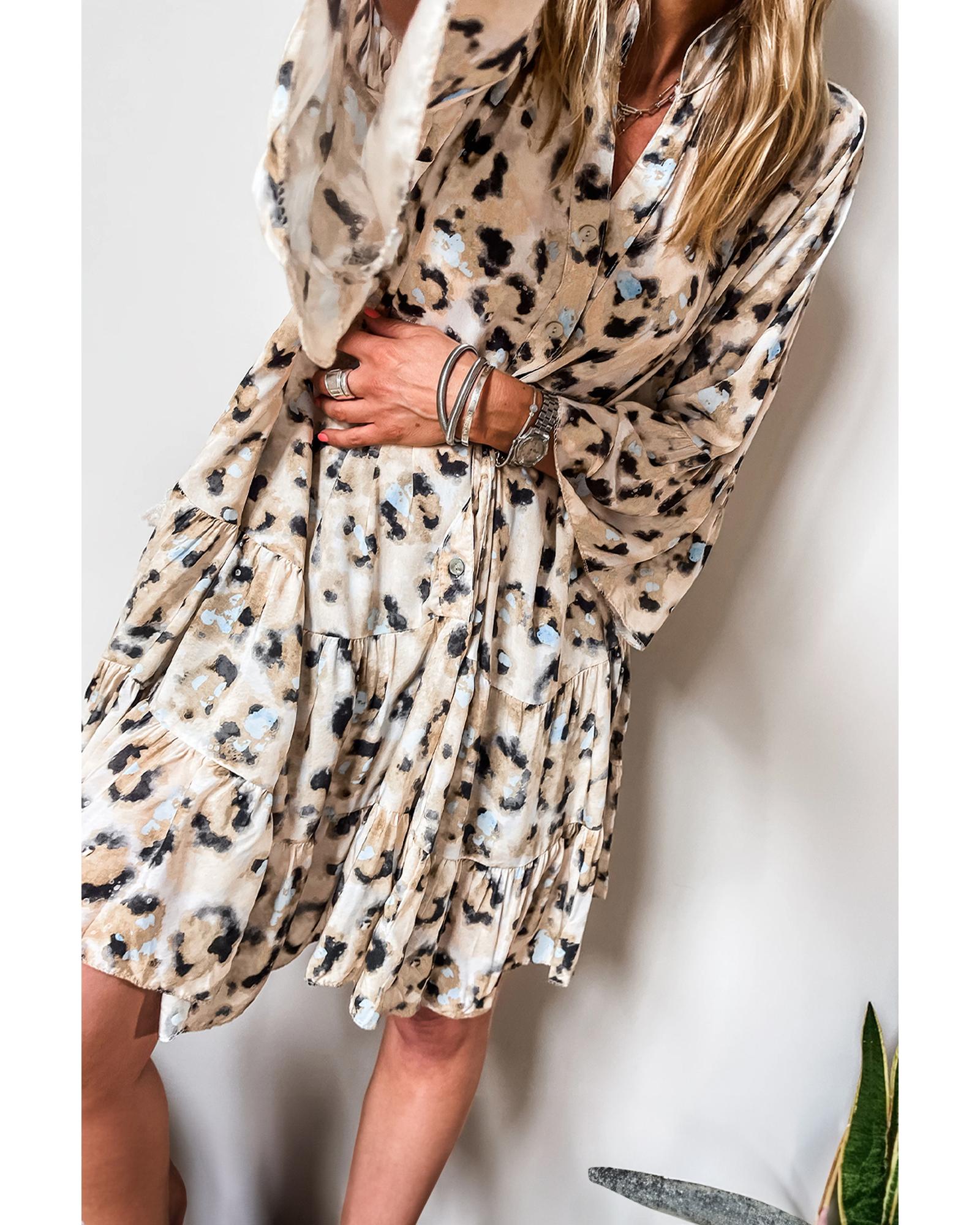 Khaki Leopard Print Buttoned Front 3/4 Sleeve Tiered Ruffled Hem Dress - M 3