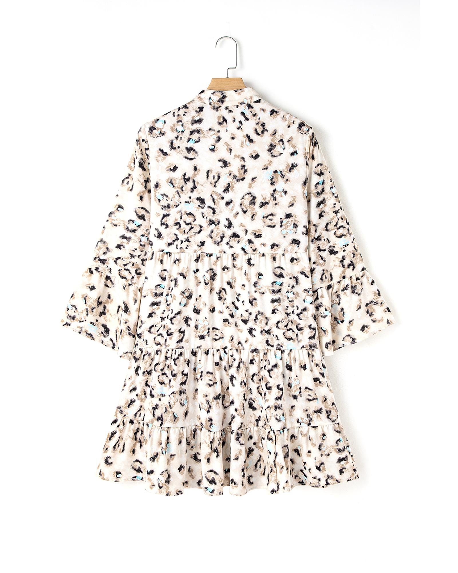 Khaki Leopard Print Buttoned Front 3/4 Sleeve Tiered Ruffled Hem Dress - M 4