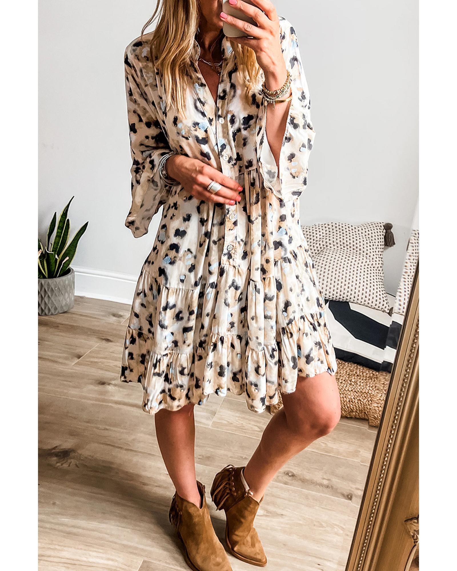 Khaki Leopard Print Buttoned Front 3/4 Sleeve Tiered Ruffled Hem Dress - M 6