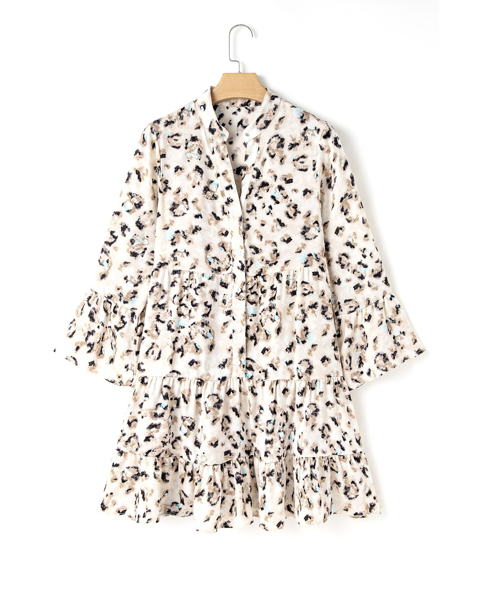 Khaki Leopard Print Buttoned Front 3/4 Sleeve Tiered Ruffled Hem Dress - XL 7
