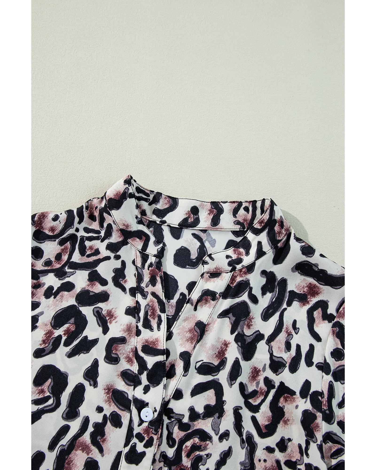 Black Leopard Print Buttoned Front 3/4 Sleeve Tiered Ruffled Hem Dress - L 3