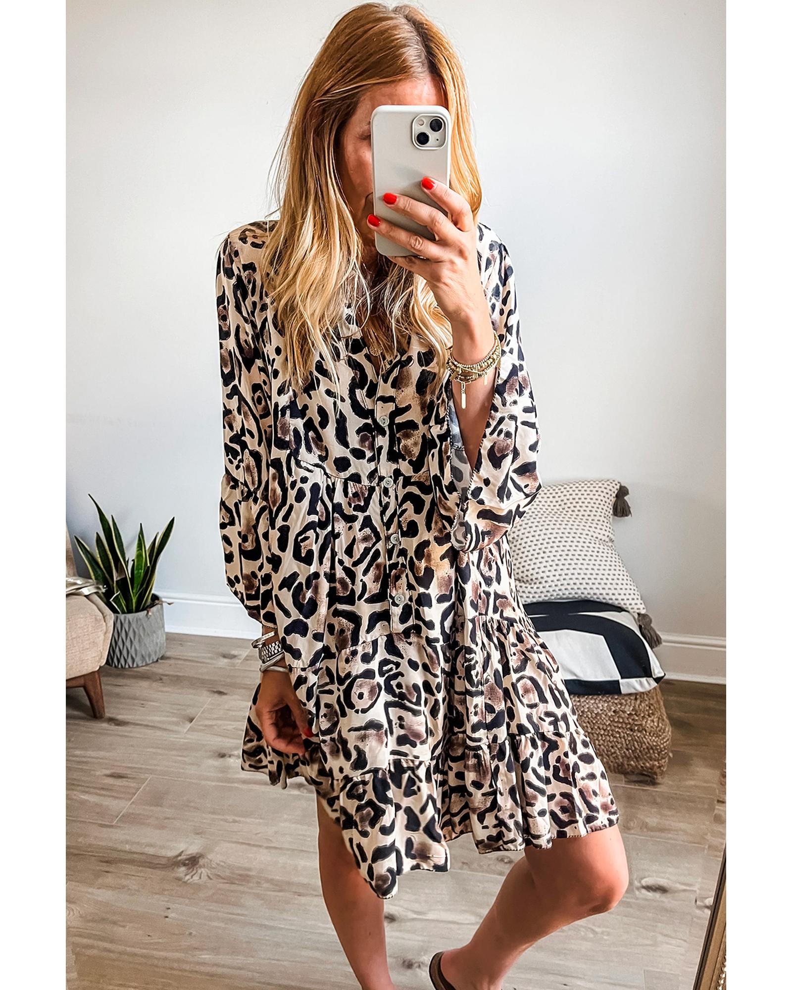 Black Leopard Print Buttoned Front 3/4 Sleeve Tiered Ruffled Hem Dress - L 5