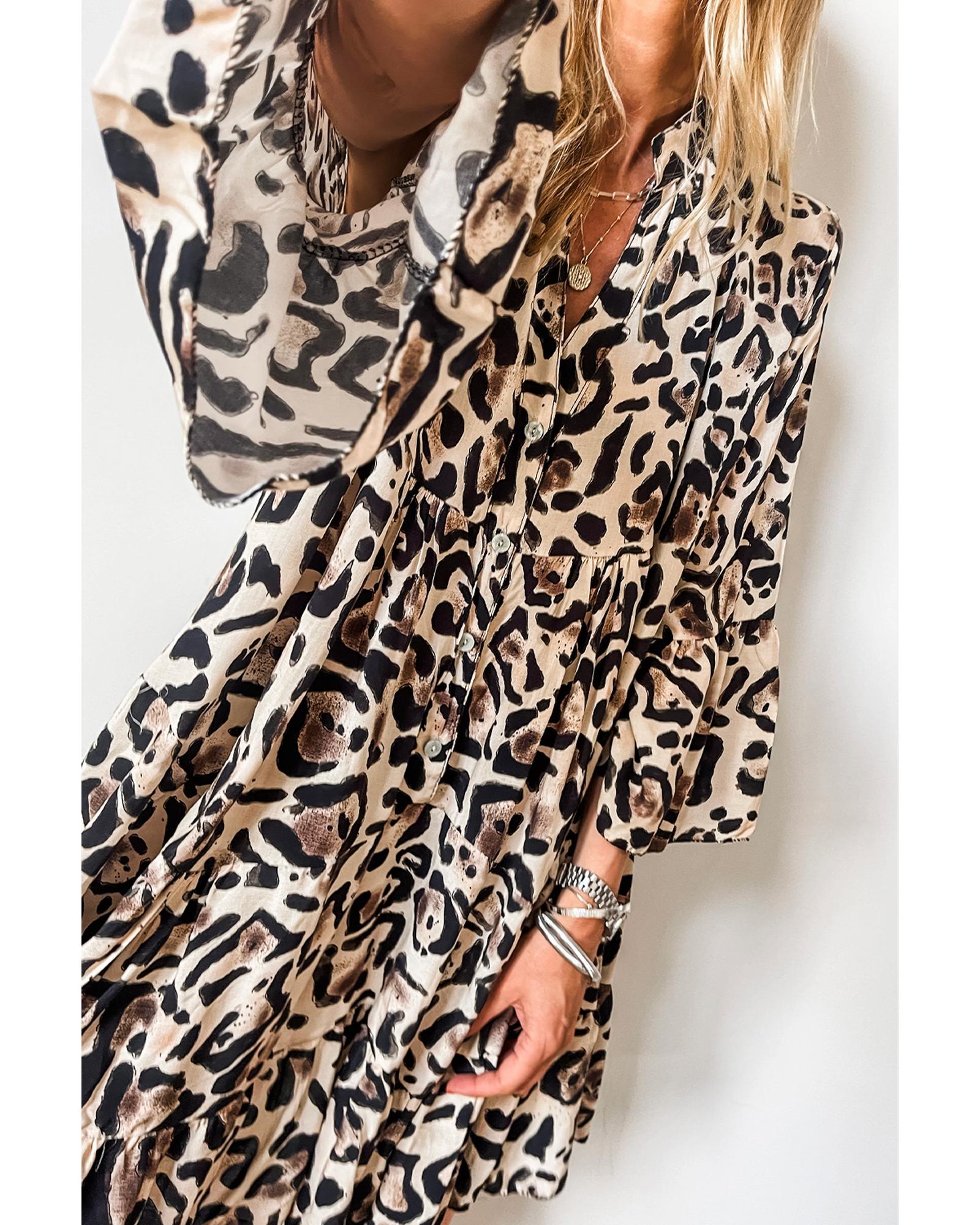 Black Leopard Print Buttoned Front 3/4 Sleeve Tiered Ruffled Hem Dress - L 6