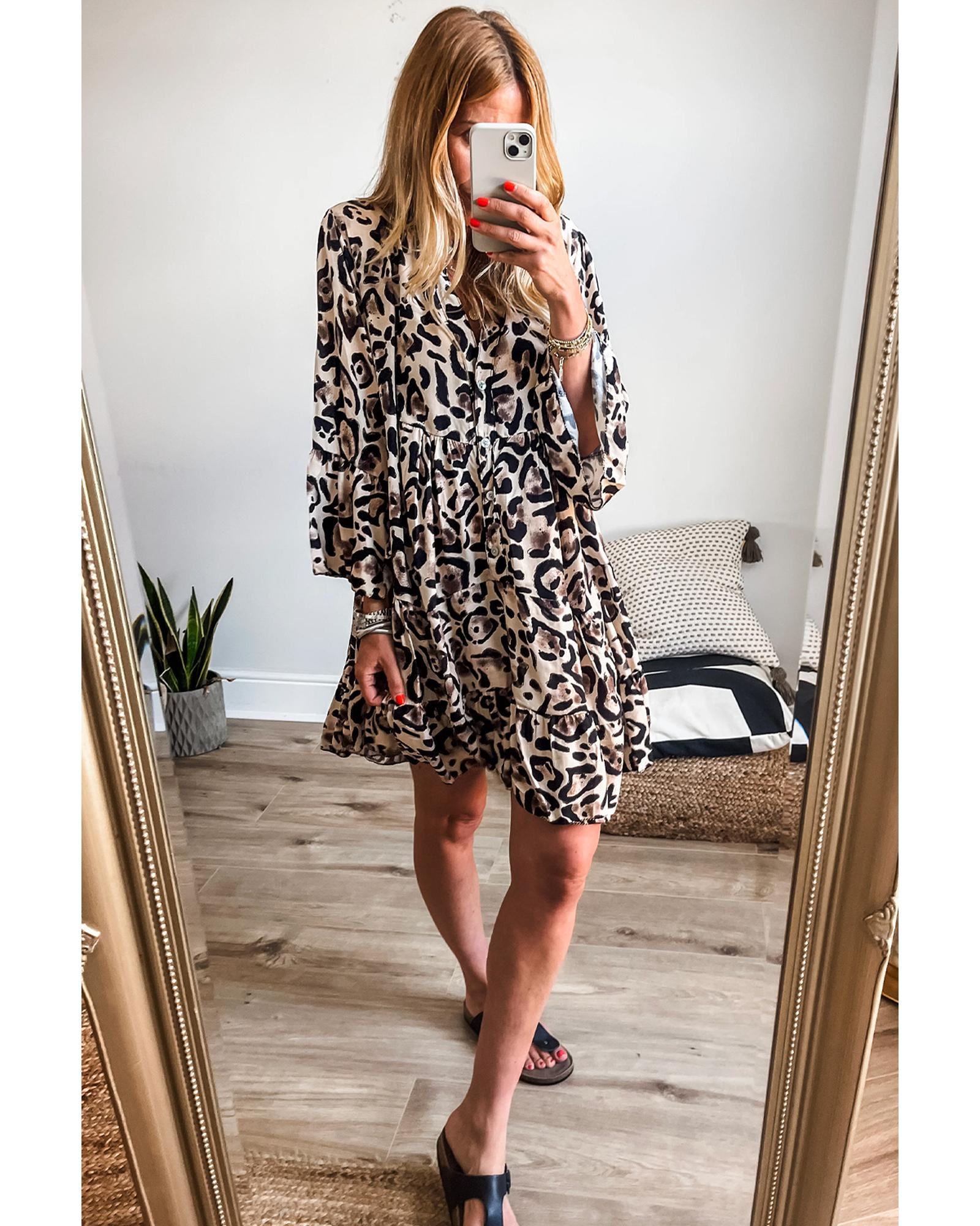 Black Leopard Print Buttoned Front 3/4 Sleeve Tiered Ruffled Hem Dress - M