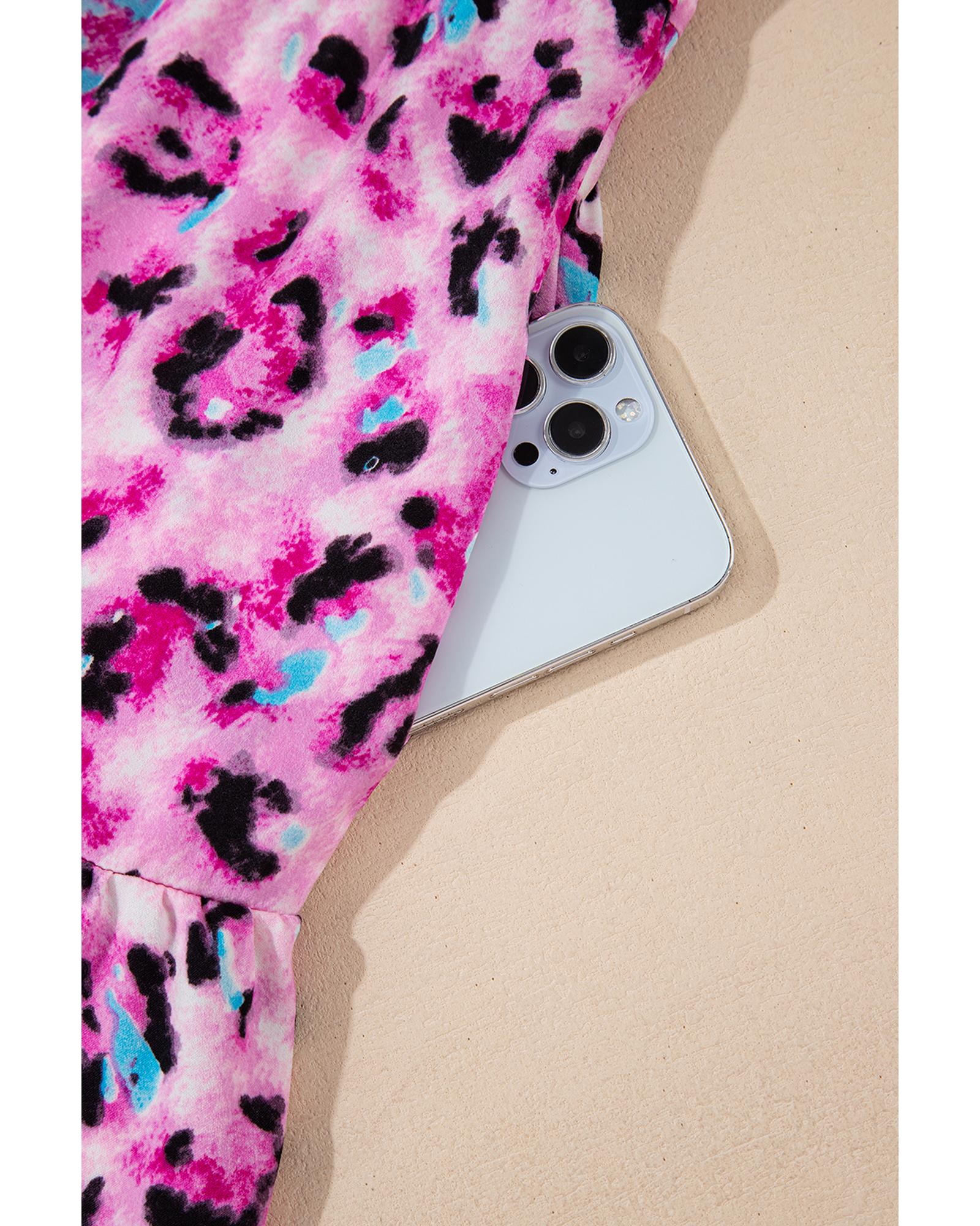 Rose Leopard Print Buttoned Front 3/4 Sleeve Tiered Ruffled Hem Dress - L