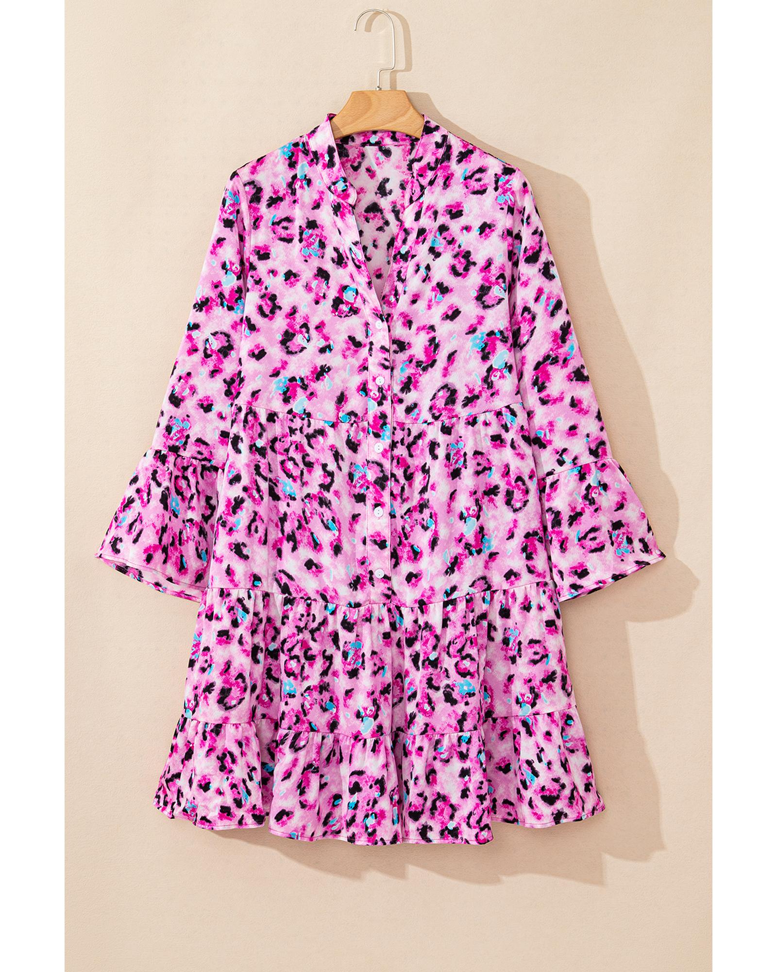 Rose Leopard Print Buttoned Front 3/4 Sleeve Tiered Ruffled Hem Dress - L 3