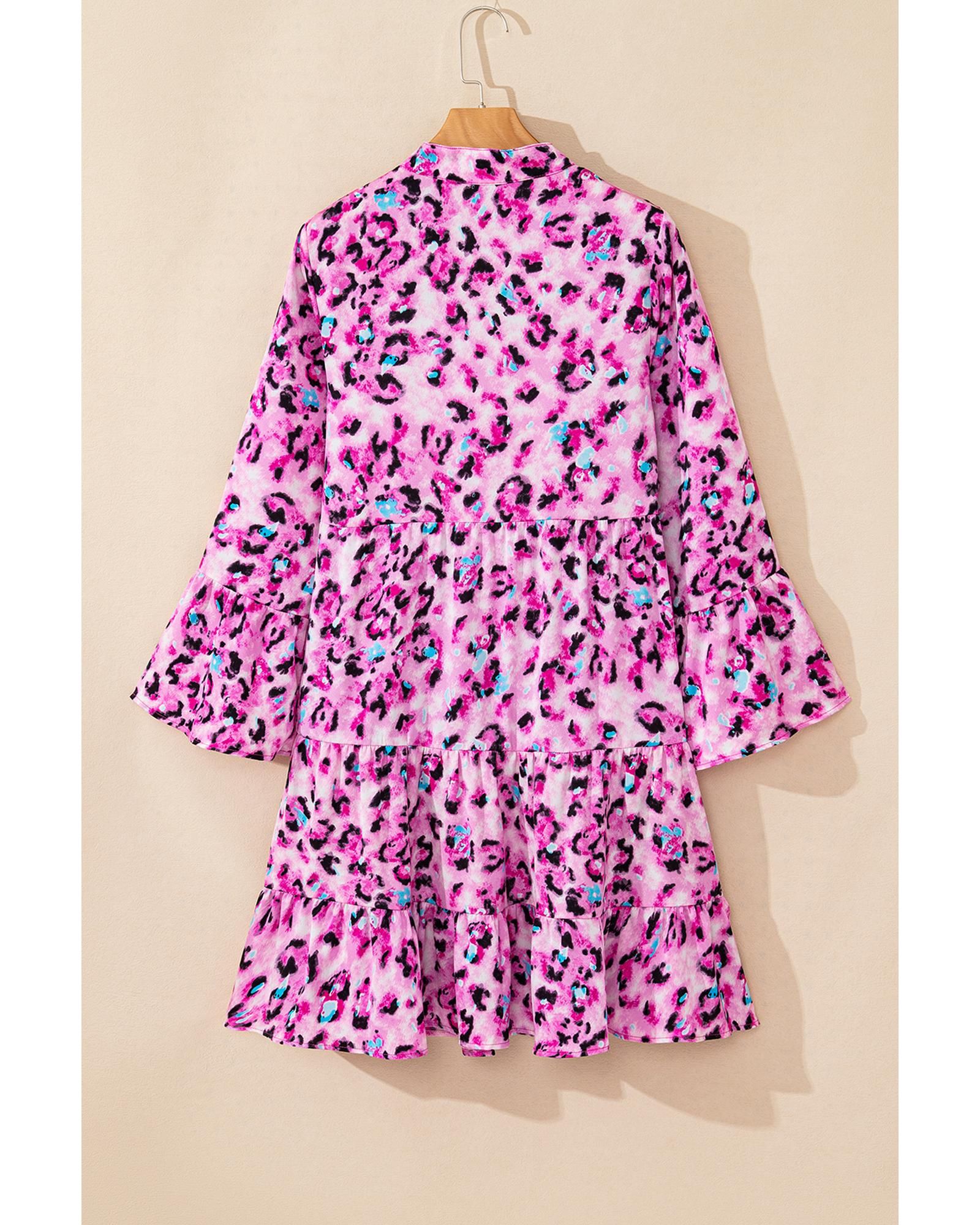 Rose Leopard Print Buttoned Front 3/4 Sleeve Tiered Ruffled Hem Dress - L 4