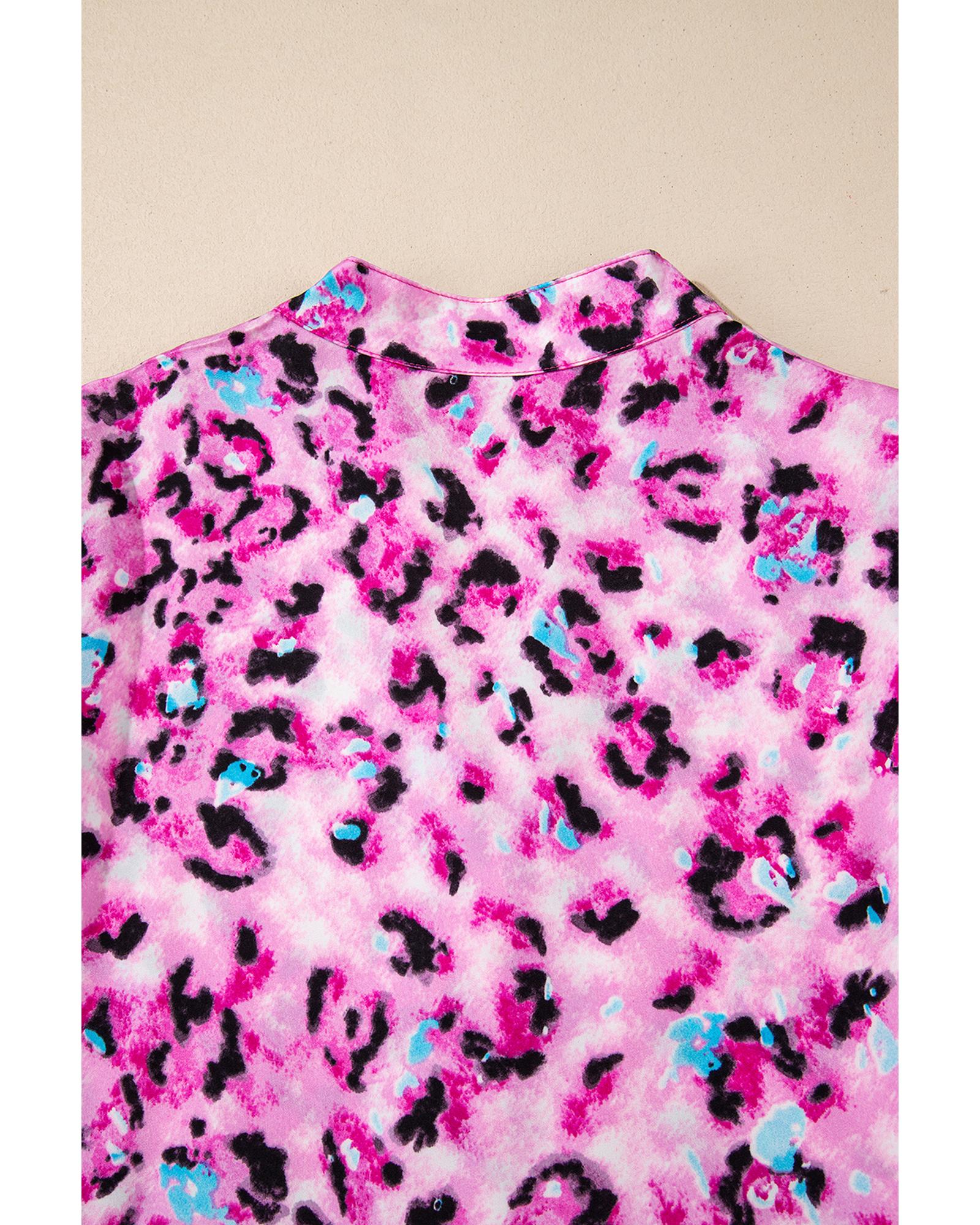 Rose Leopard Print Buttoned Front 3/4 Sleeve Tiered Ruffled Hem Dress - XL 5