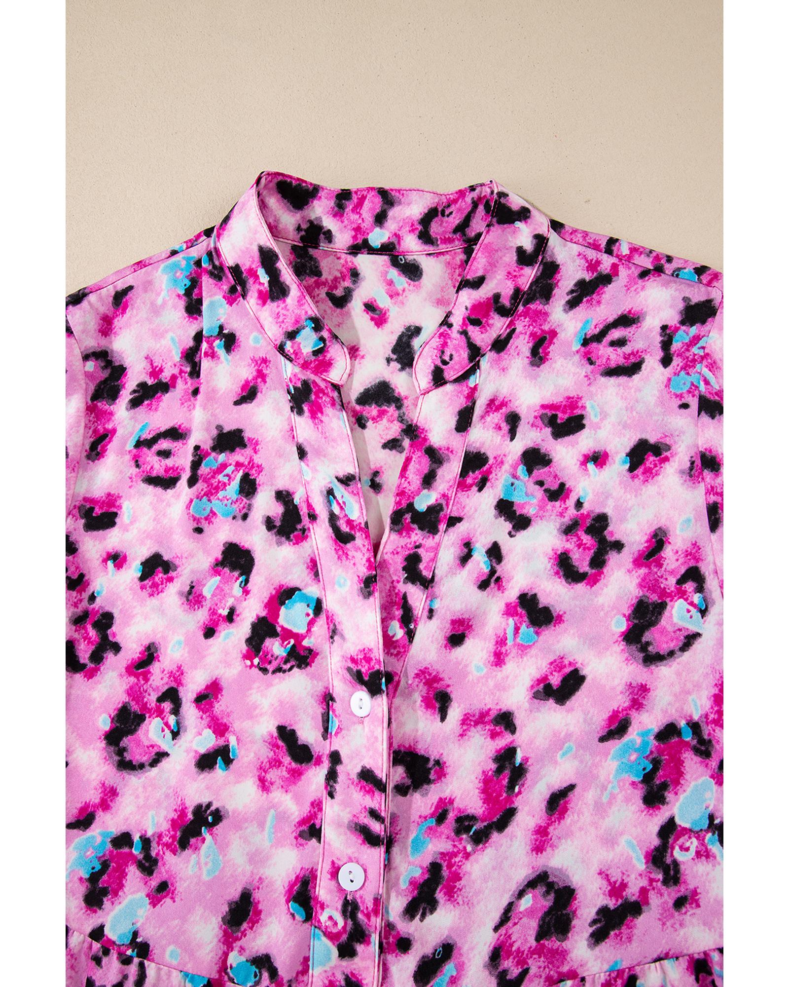 Rose Leopard Print Buttoned Front 3/4 Sleeve Tiered Ruffled Hem Dress - XL 7