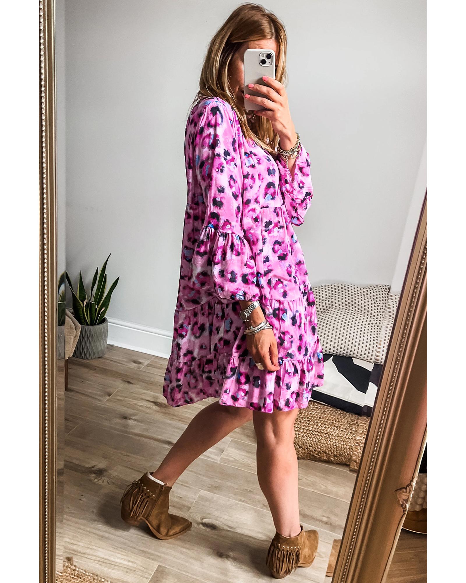 Rose Leopard Print Buttoned Front 3/4 Sleeve Tiered Ruffled Hem Dress - XL 8