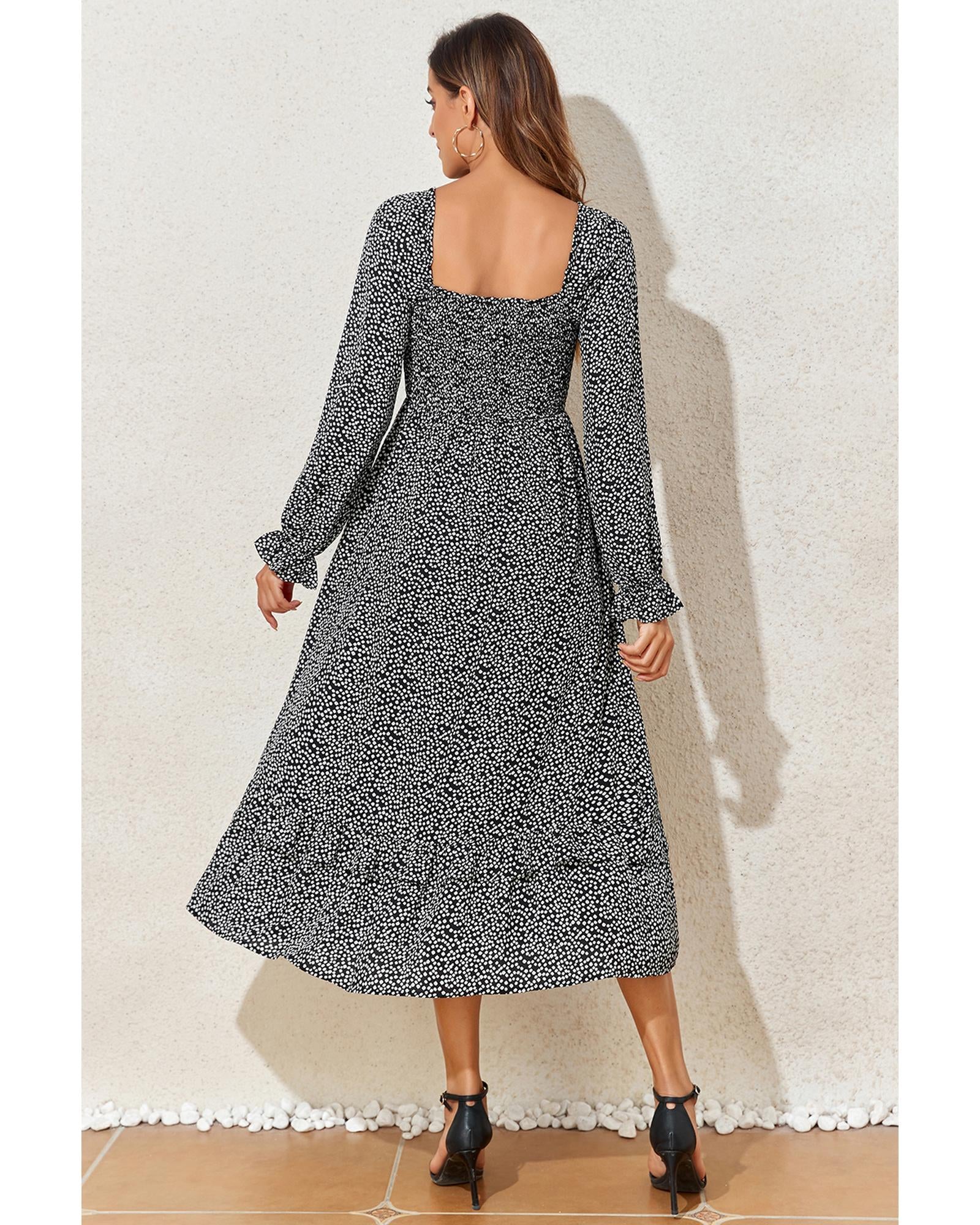 Black Floral Printed Long Sleeve Square Neck Midi Dress - L