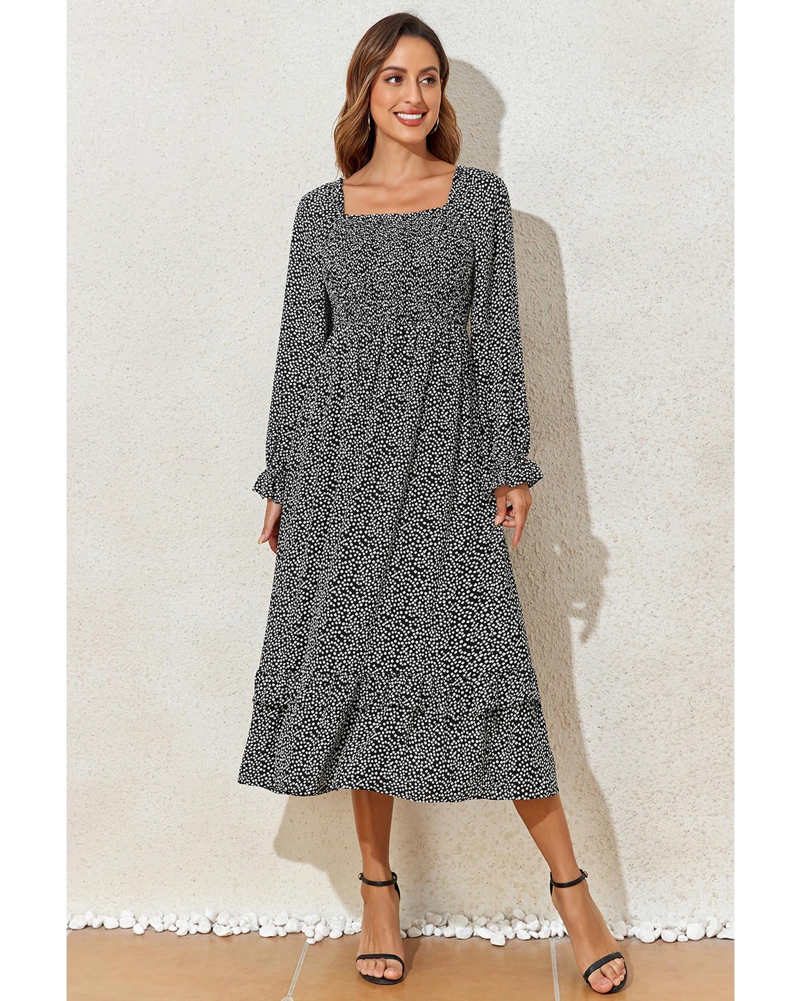 Black Floral Printed Long Sleeve Square Neck Midi Dress - L