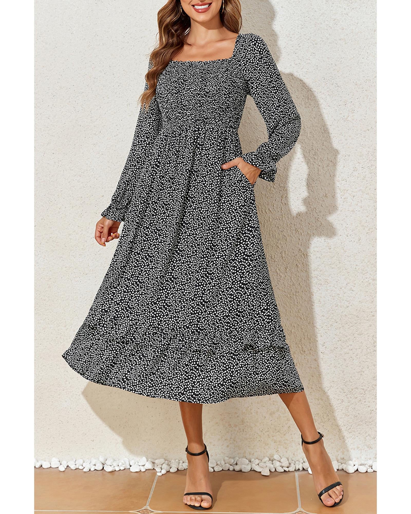Black Floral Printed Long Sleeve Square Neck Midi Dress - M 4