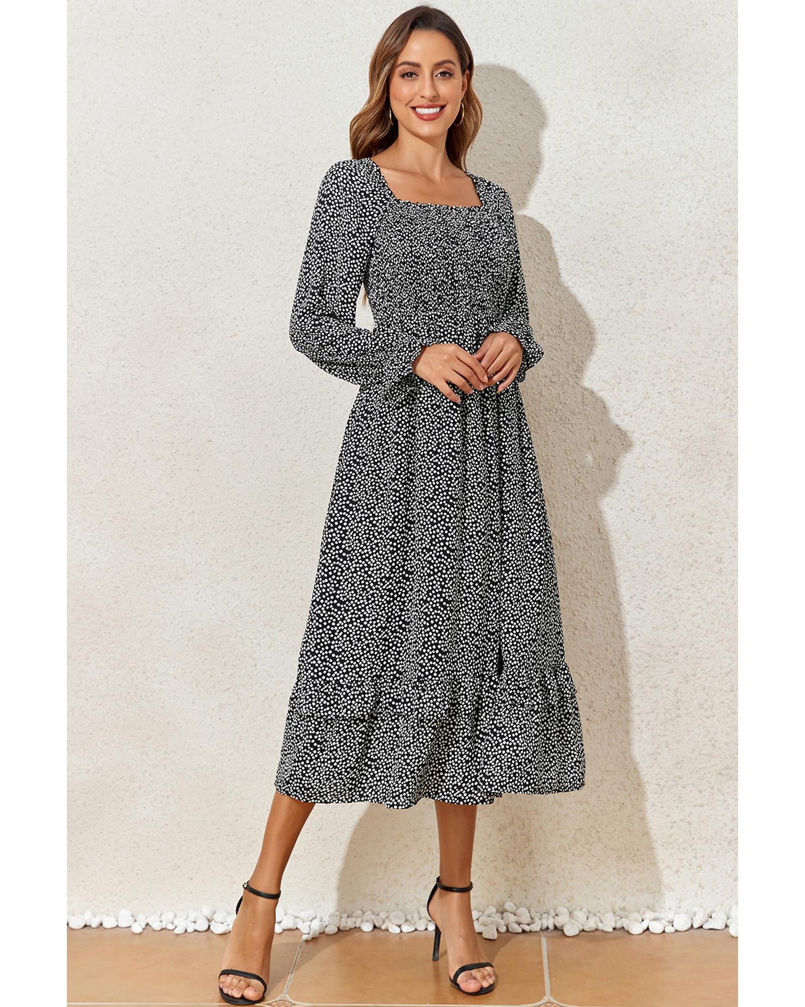 Black Floral Printed Long Sleeve Square Neck Midi Dress - M 7
