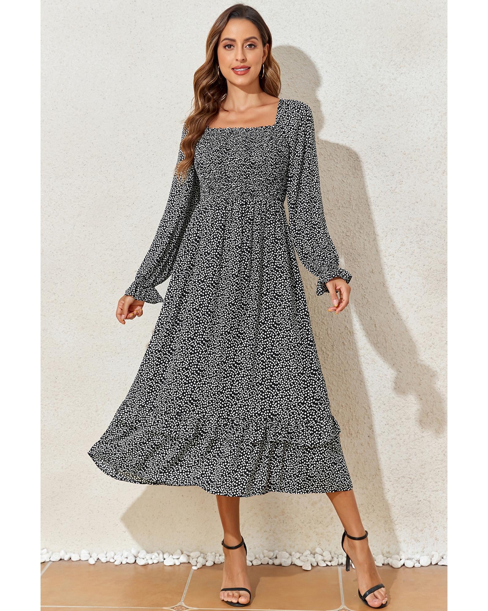 Black Floral Printed Long Sleeve Square Neck Midi Dress - S 3