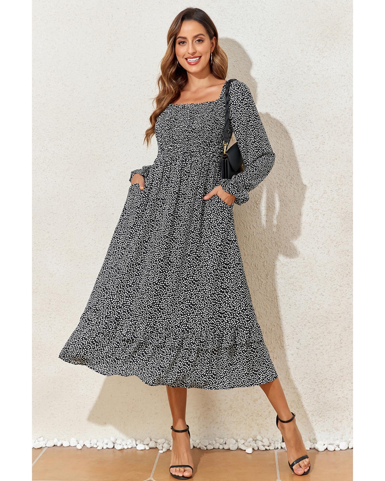 Black Floral Printed Long Sleeve Square Neck Midi Dress - S 6