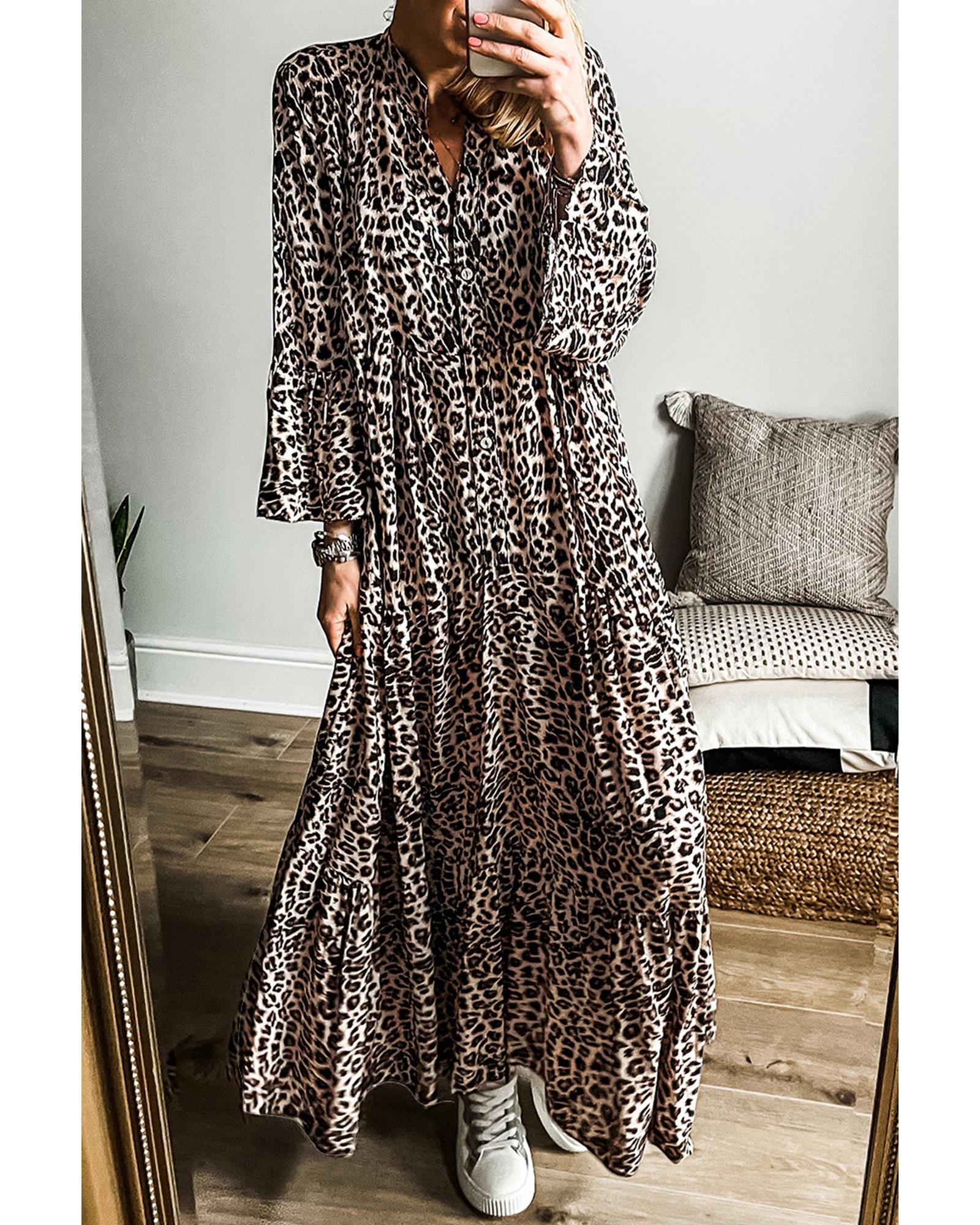 Apricot Leopard Print Tiered Wide Sleeve Maxi Dress - M