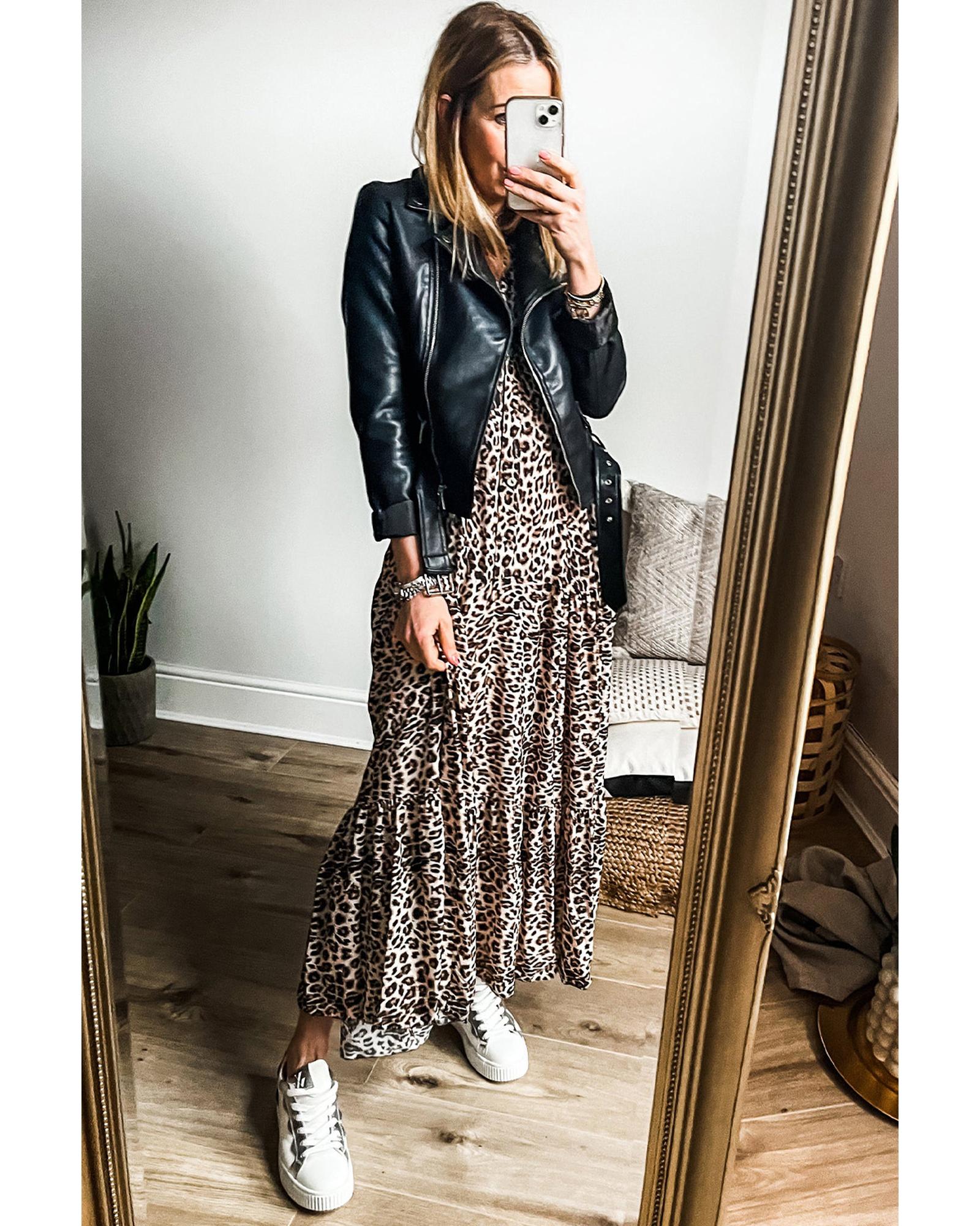 Apricot Leopard Print Tiered Wide Sleeve Maxi Dress - M 5