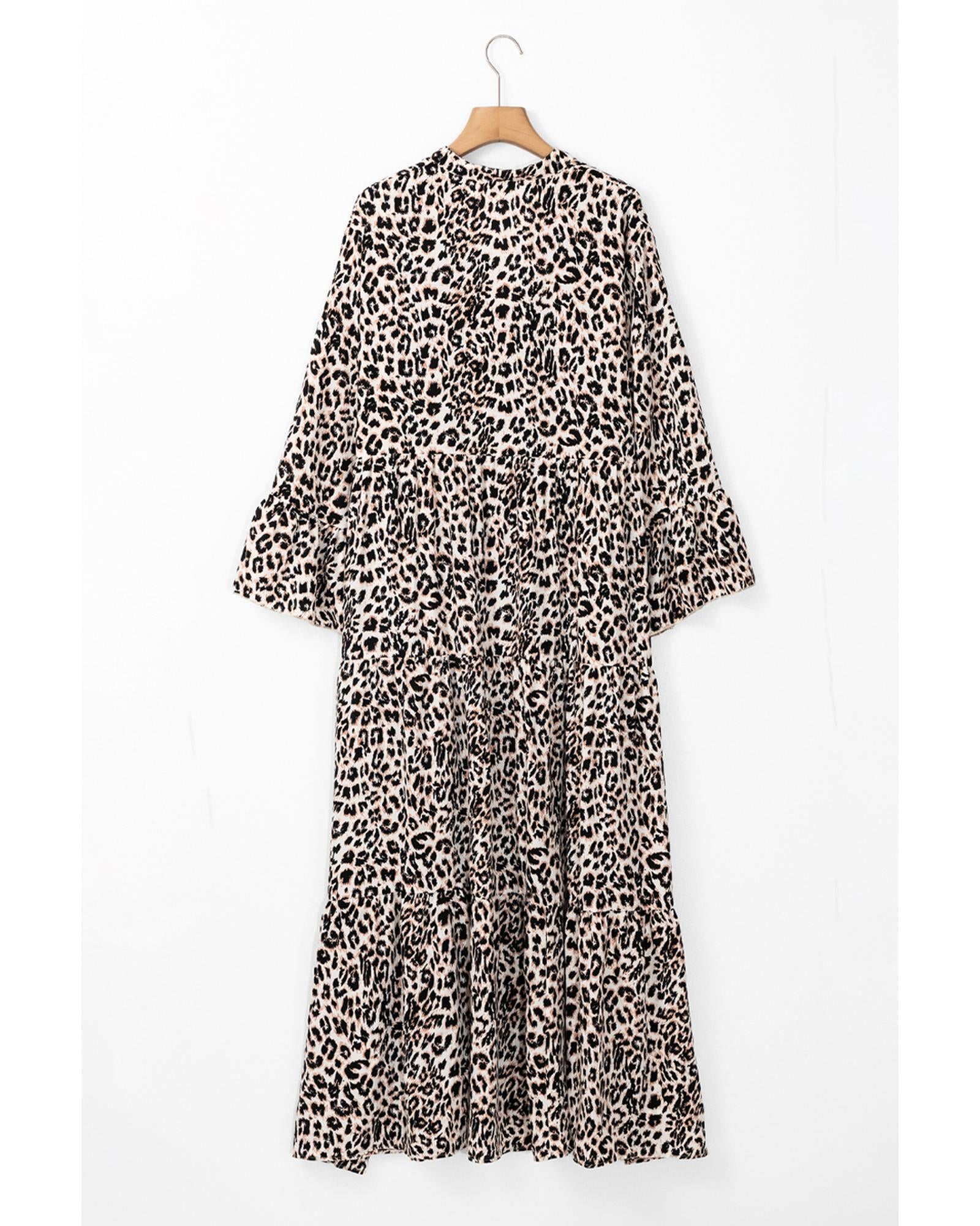 Apricot Leopard Print Tiered Wide Sleeve Maxi Dress - M 6