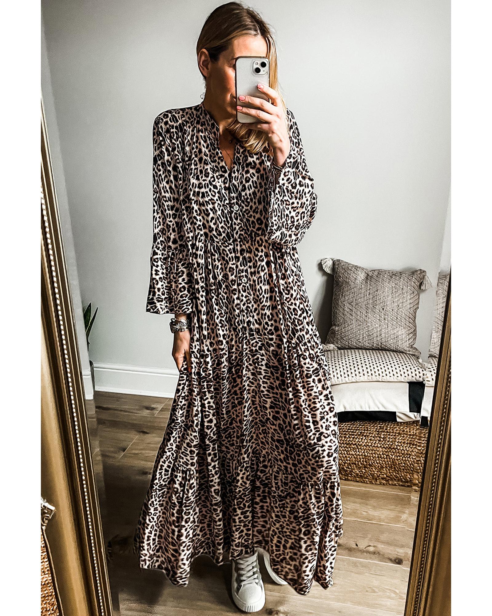 Apricot Leopard Print Tiered Wide Sleeve Maxi Dress - M 8