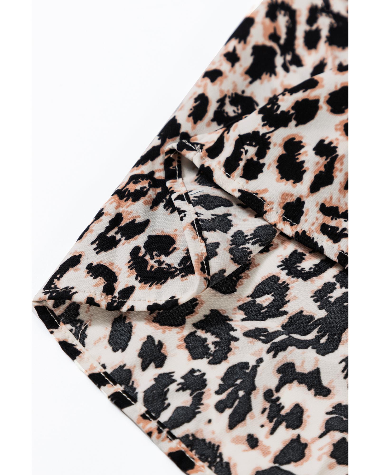 Apricot Leopard Print Tiered Wide Sleeve Maxi Dress - S