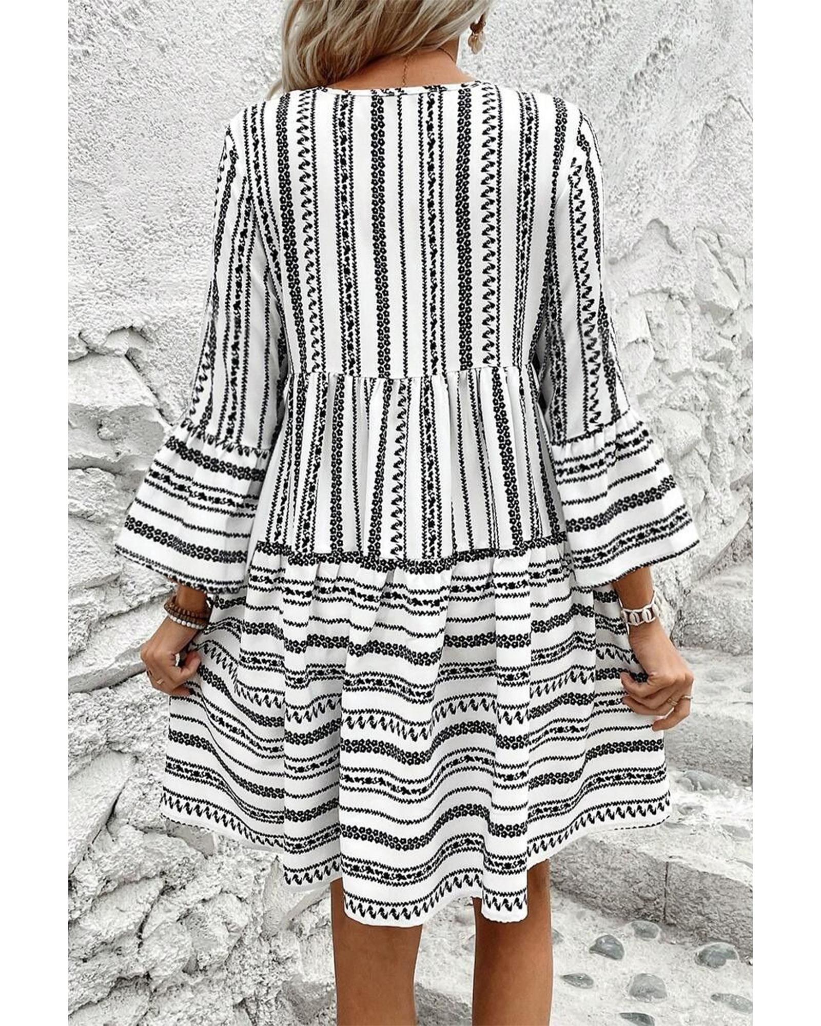 Black Stripe V Neck Bell Sleeve High Waist Mini Dress - M