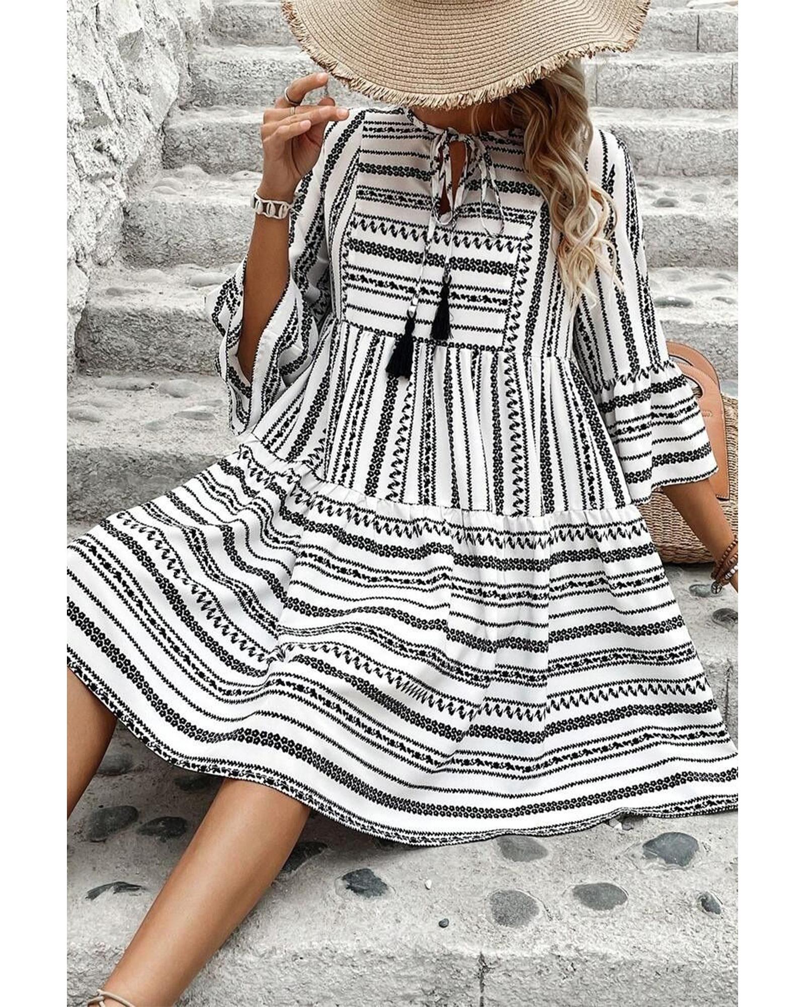 Black Stripe V Neck Bell Sleeve High Waist Mini Dress - M 4
