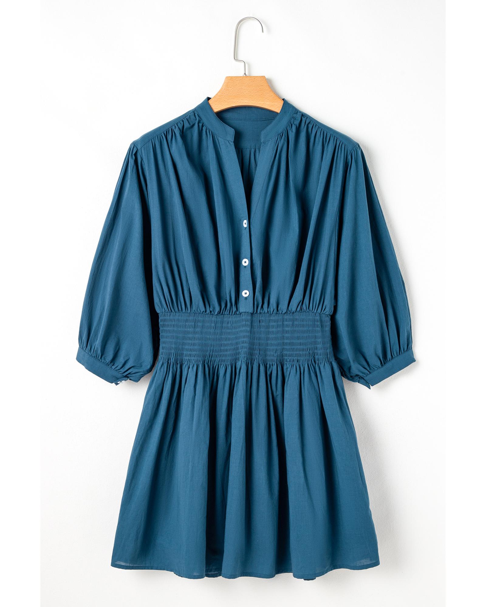 Prussian Blue 3/4 Sleeve Shirred High Waist Buttoned Mini Dress - L