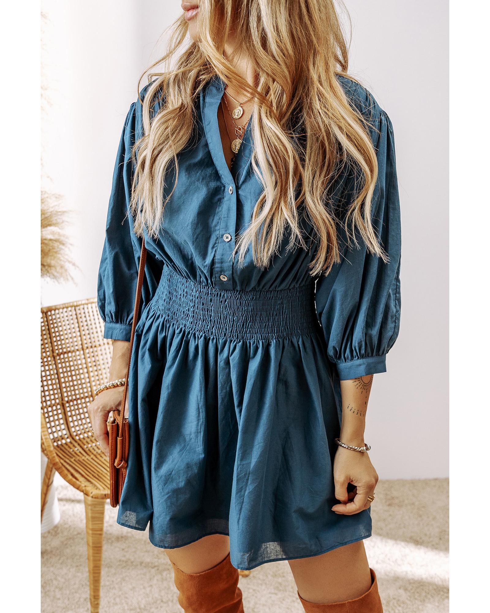 Prussian Blue 3/4 Sleeve Shirred High Waist Buttoned Mini Dress - L 3