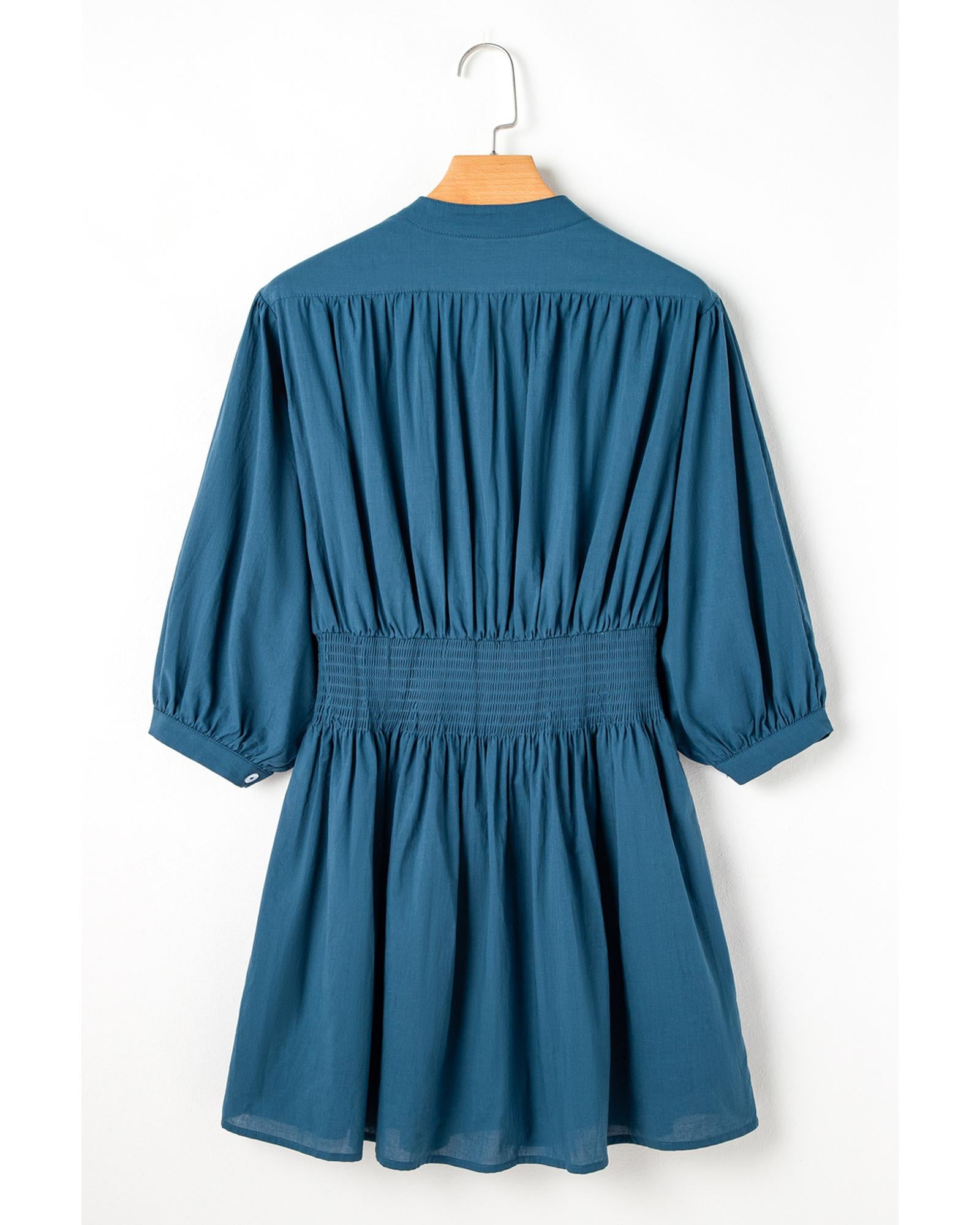 Prussian Blue 3/4 Sleeve Shirred High Waist Buttoned Mini Dress - L 5