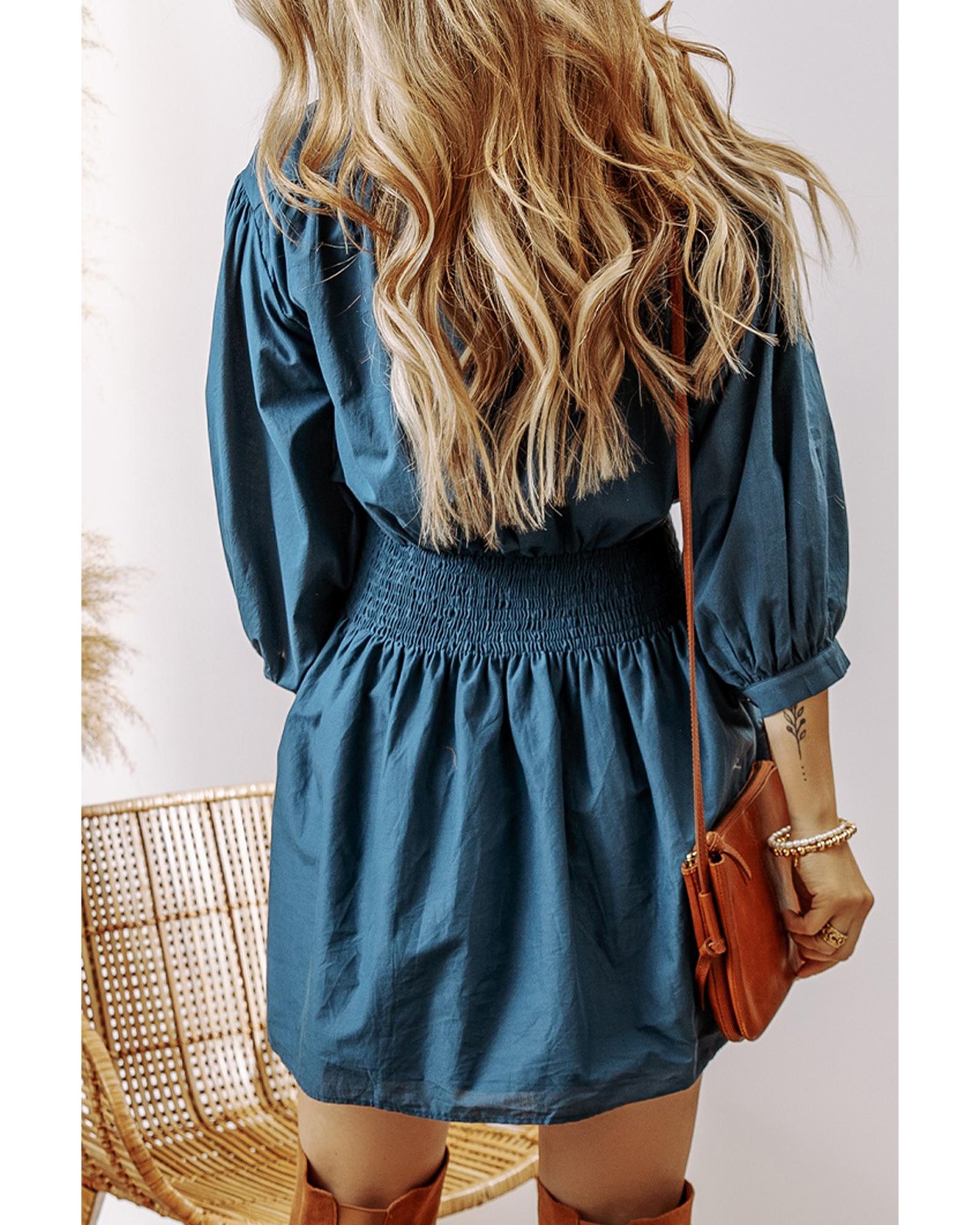 Prussian Blue 3/4 Sleeve Shirred High Waist Buttoned Mini Dress - L 6