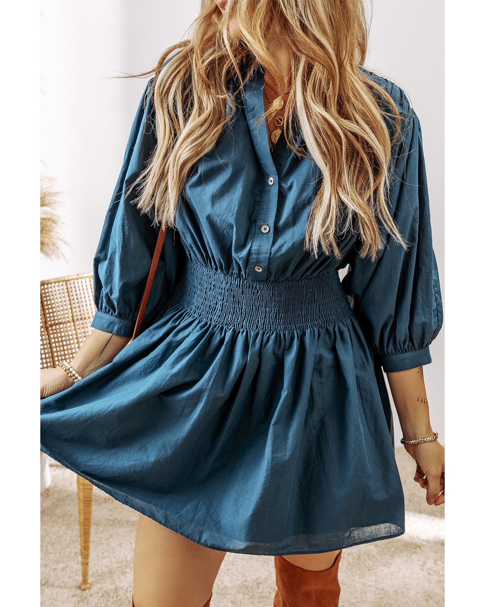 Prussian Blue 3/4 Sleeve Shirred High Waist Buttoned Mini Dress - L 7