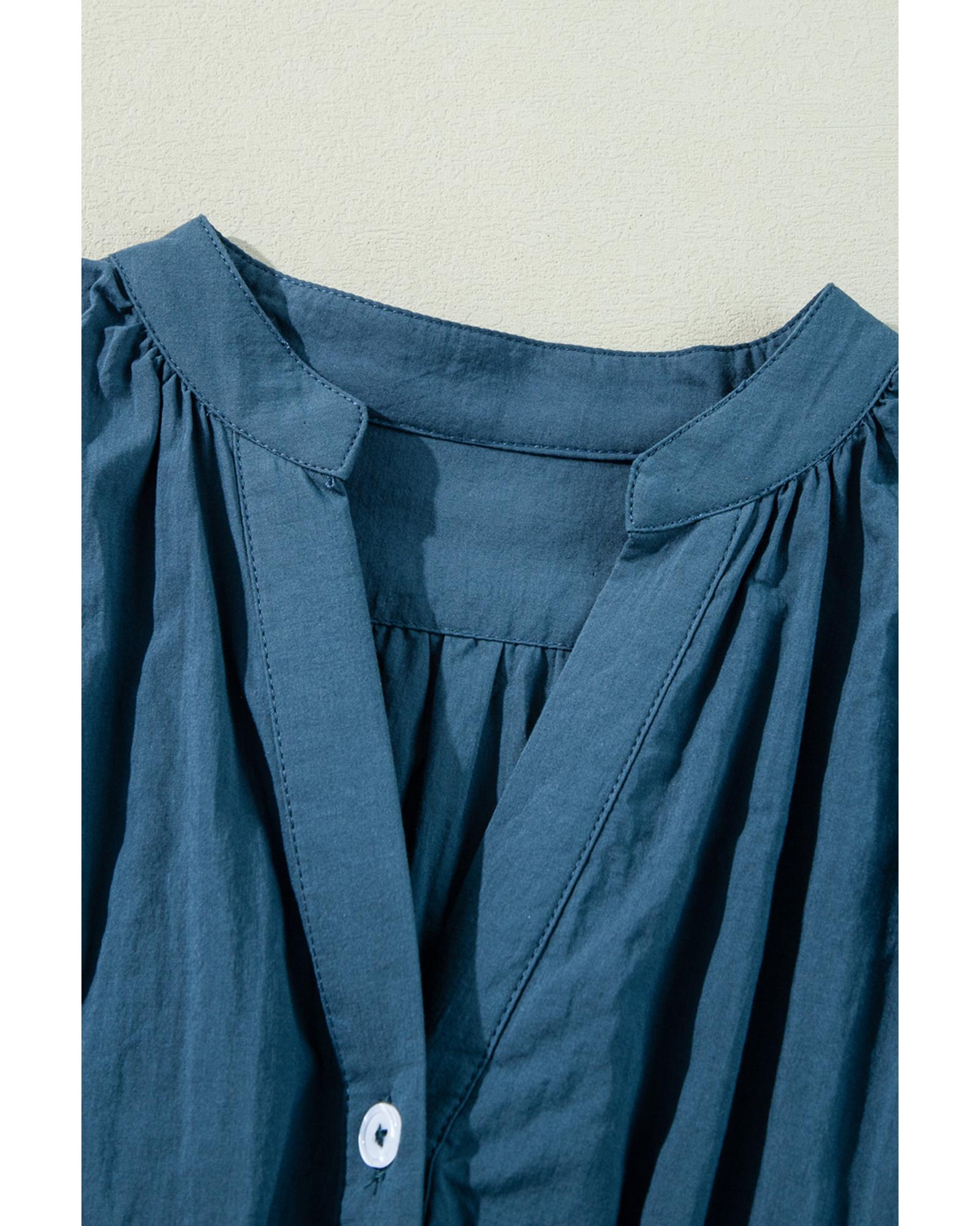 Prussian Blue 3/4 Sleeve Shirred High Waist Buttoned Mini Dress - L 8