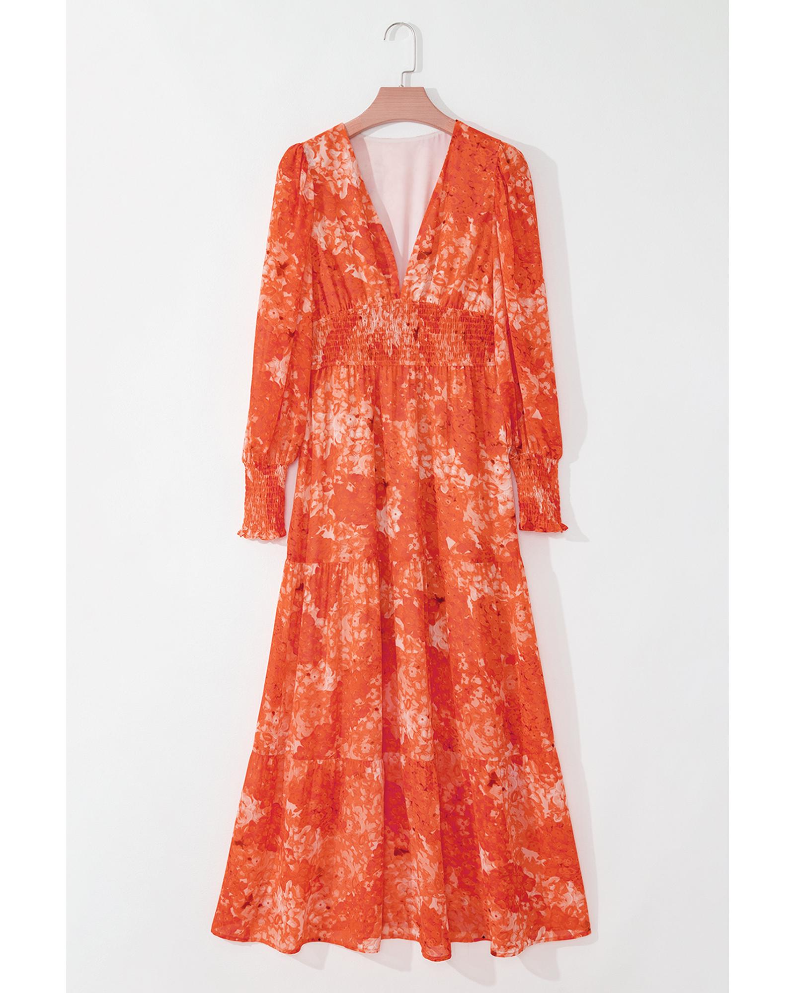 Orange Boho Floral Bishop Sleeve V Neck Tiered Maxi Dress - S