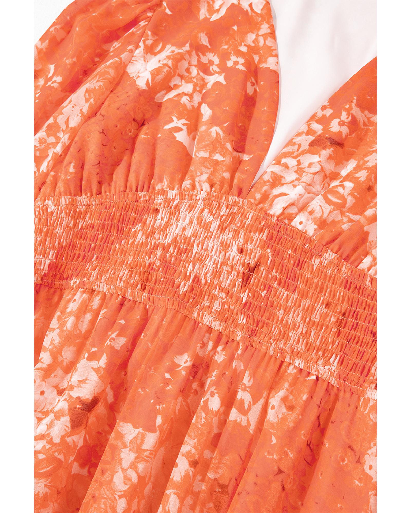 Orange Boho Floral Bishop Sleeve V Neck Tiered Maxi Dress - S