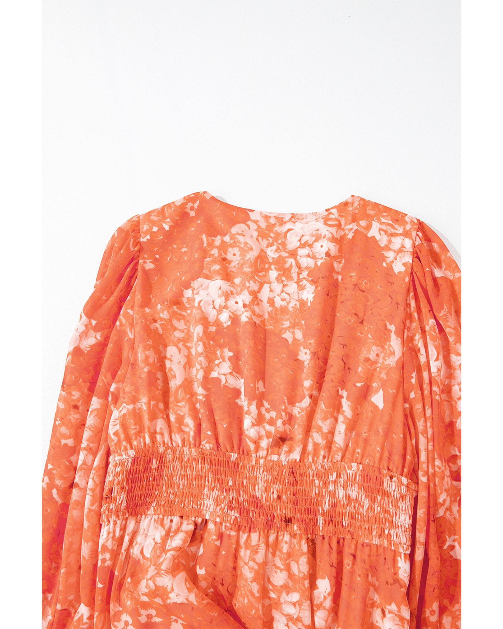 Orange Boho Floral Bishop Sleeve V Neck Tiered Maxi Dress - S 3