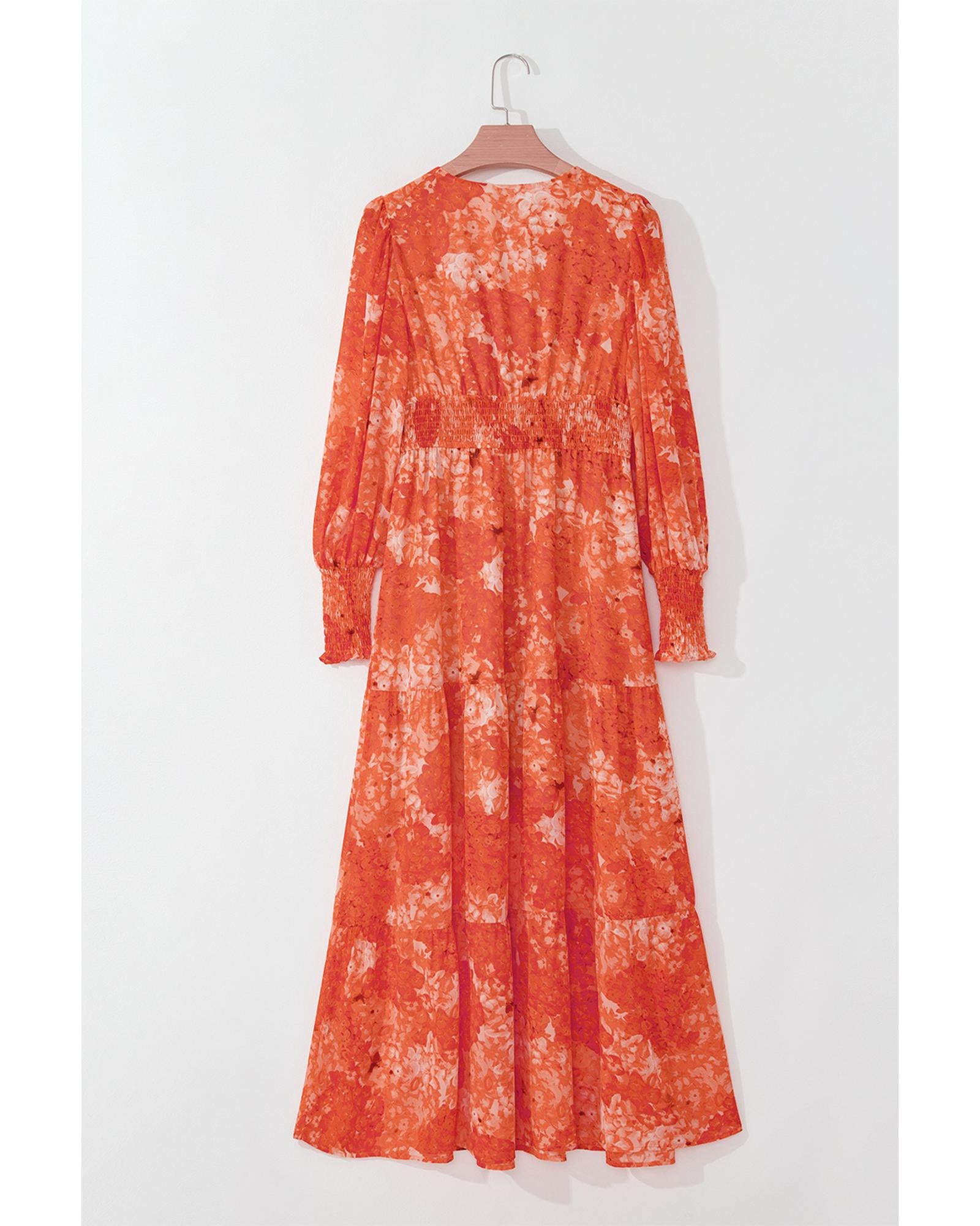 Orange Boho Floral Bishop Sleeve V Neck Tiered Maxi Dress - S 4