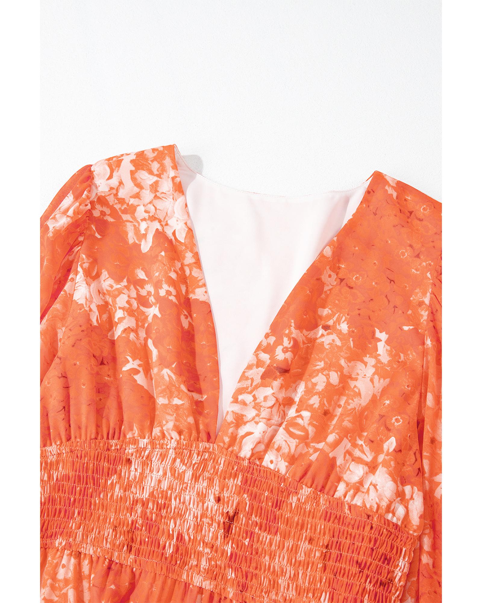 Orange Boho Floral Bishop Sleeve V Neck Tiered Maxi Dress - S 5