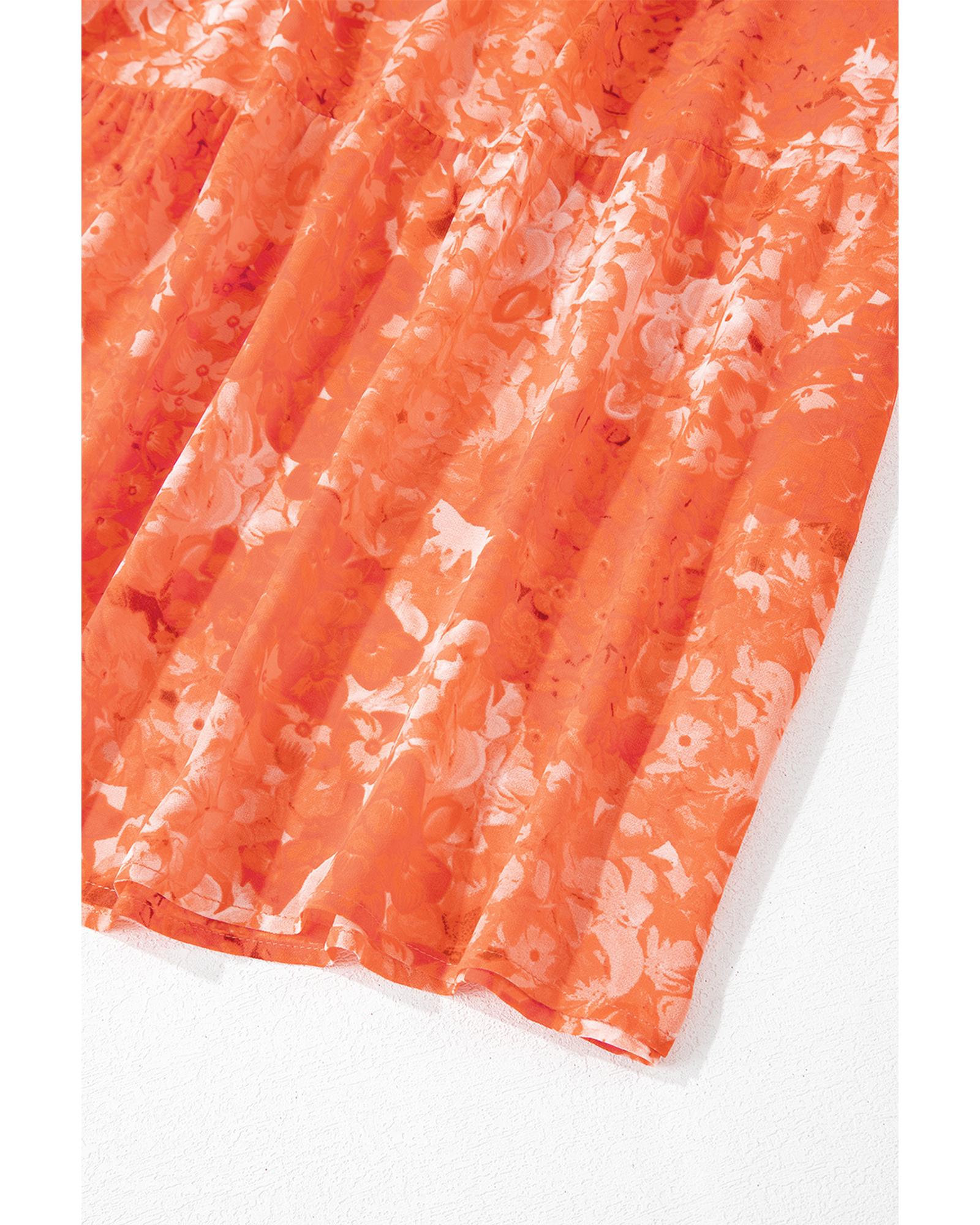 Orange Boho Floral Bishop Sleeve V Neck Tiered Maxi Dress - S 6