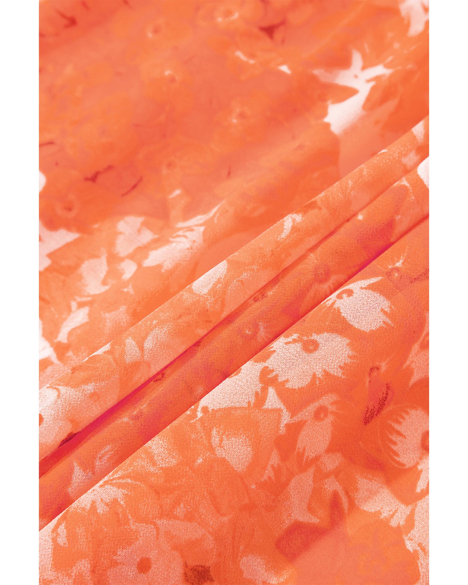 Orange Boho Floral Bishop Sleeve V Neck Tiered Maxi Dress - S 7