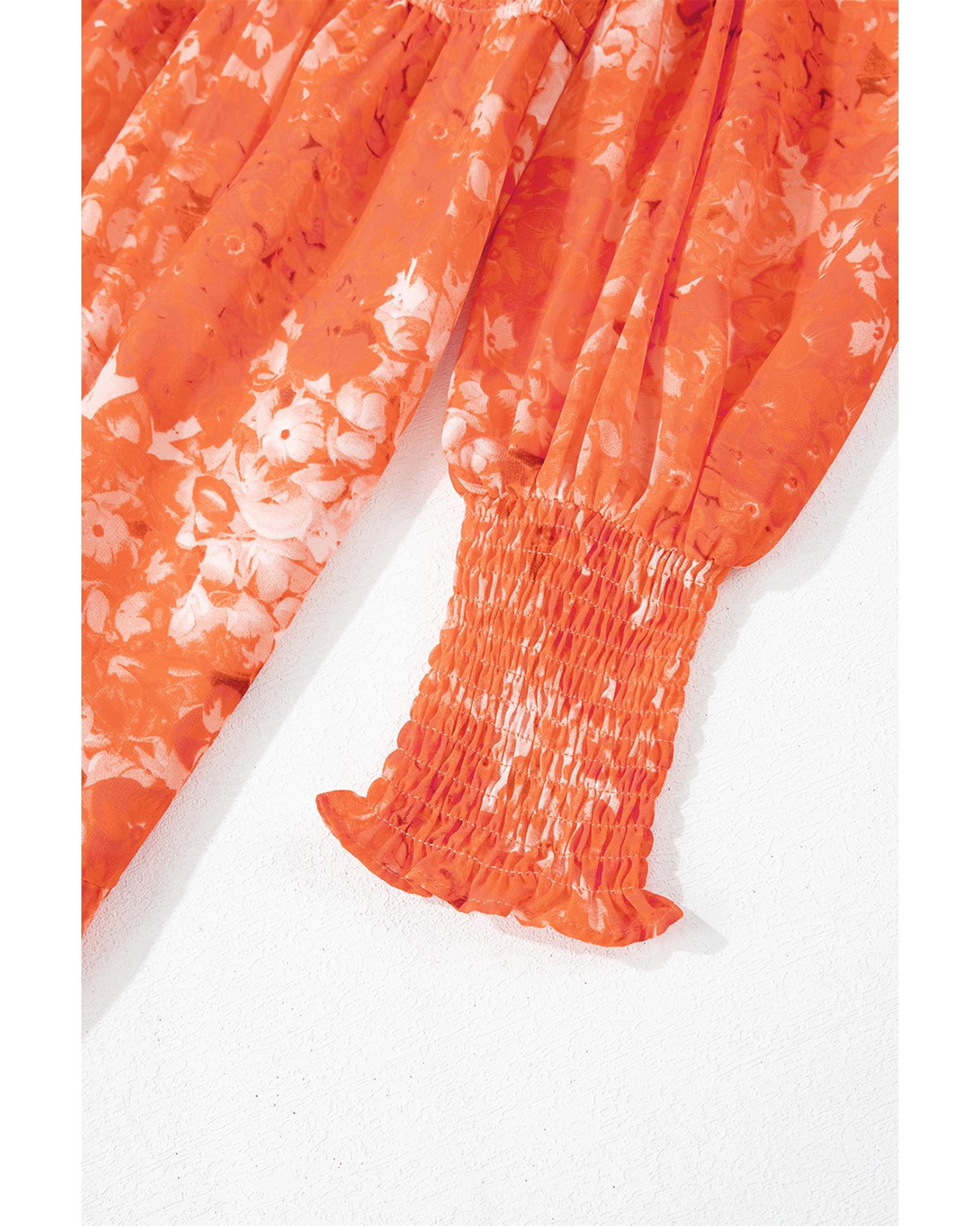 Orange Boho Floral Bishop Sleeve V Neck Tiered Maxi Dress - S 8