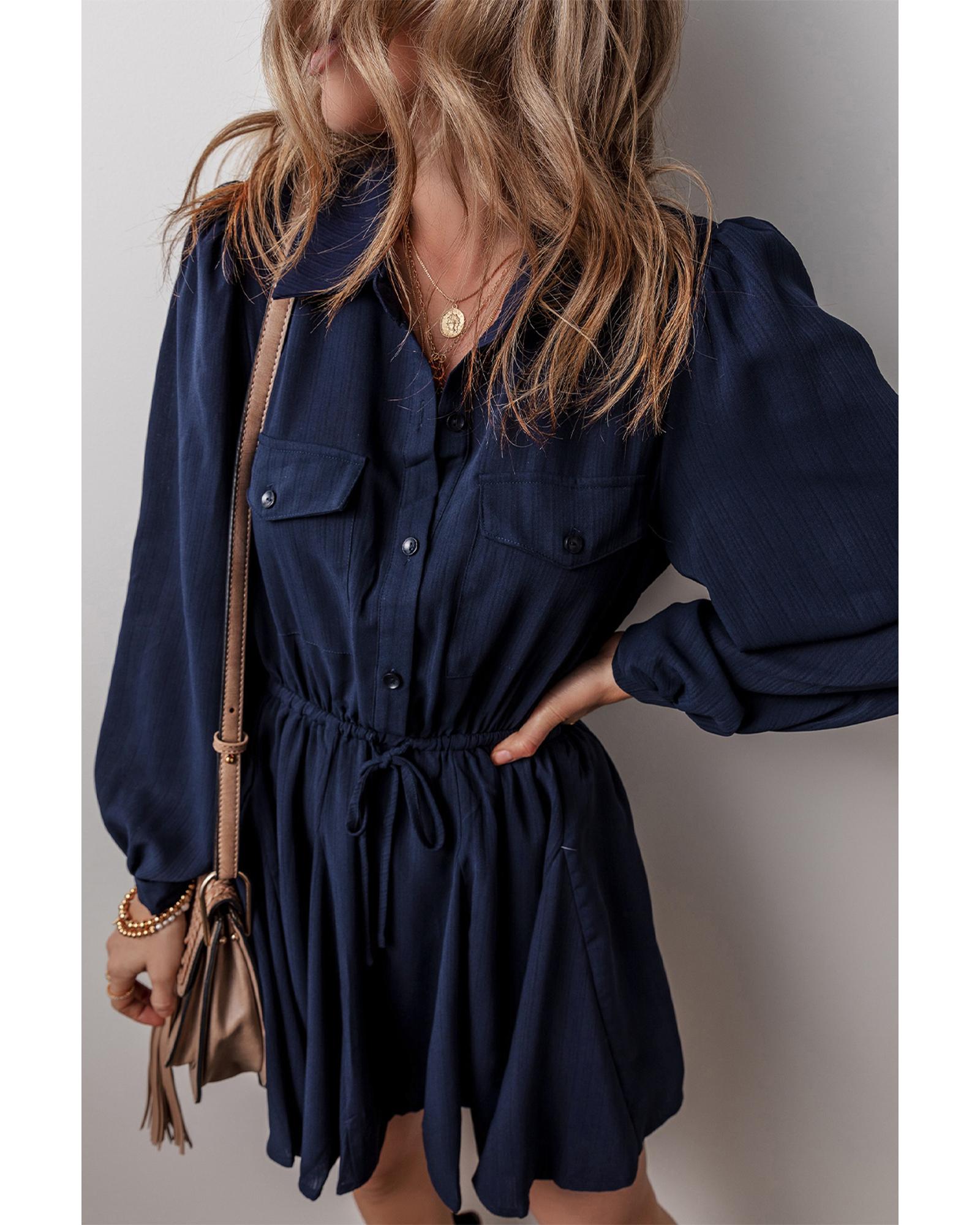 Navy Blue Solid Chest Pockets Tunic Shirt Mini Dress - L 3