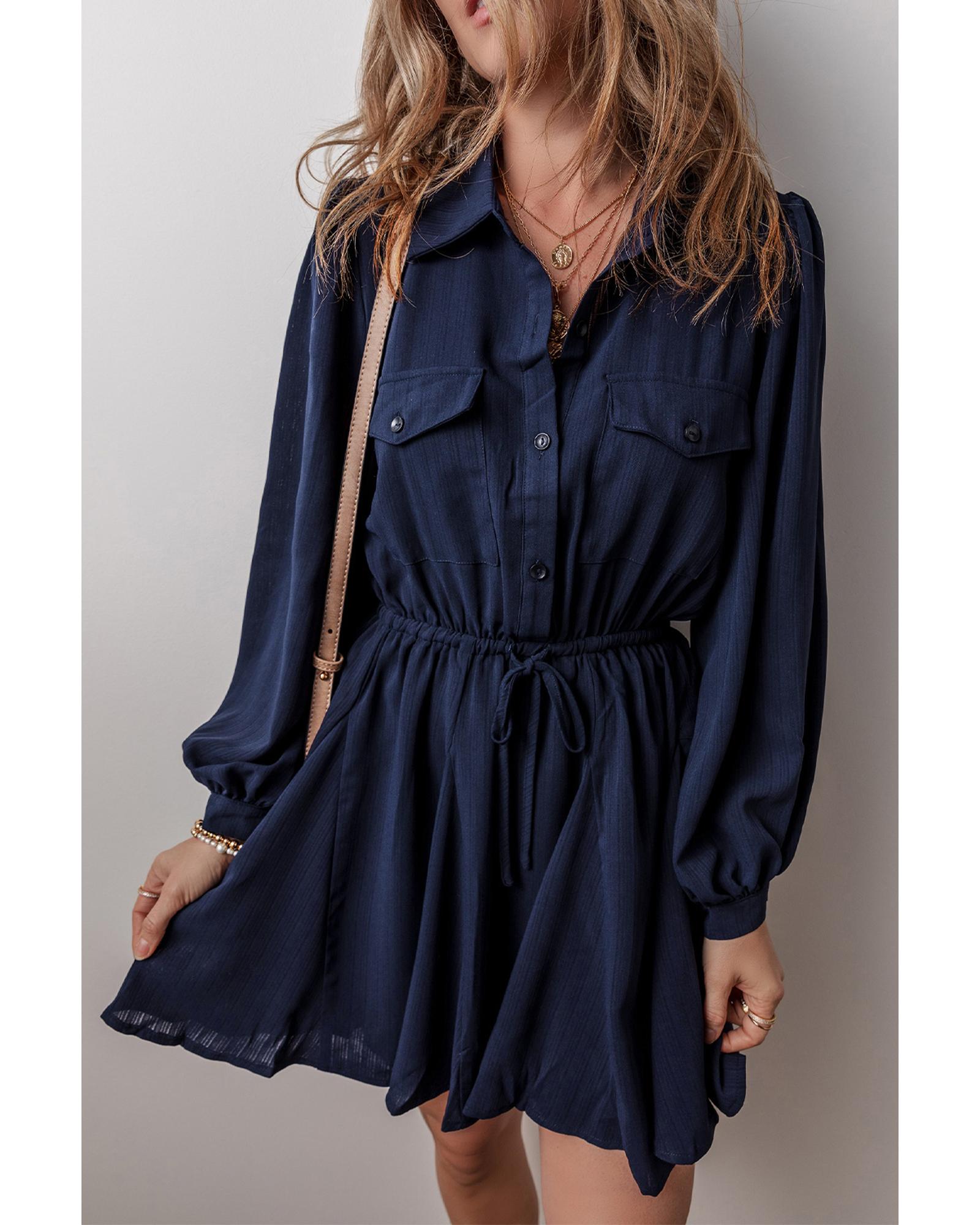 Navy Blue Solid Chest Pockets Tunic Shirt Mini Dress - M 7