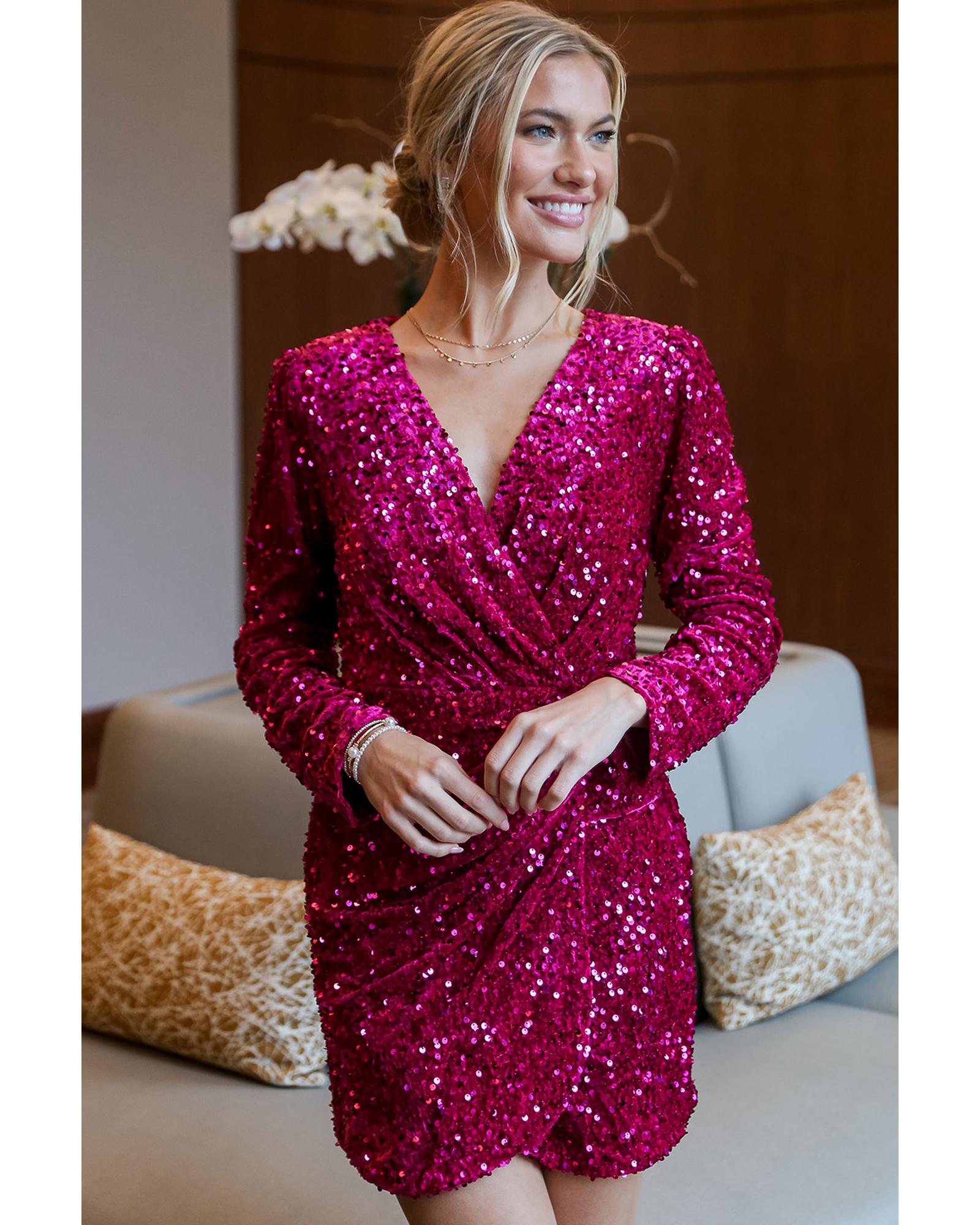 Pitaya Pink Velvet Sequin Long Sleeve V Neck Wrapped Mini Dress - L